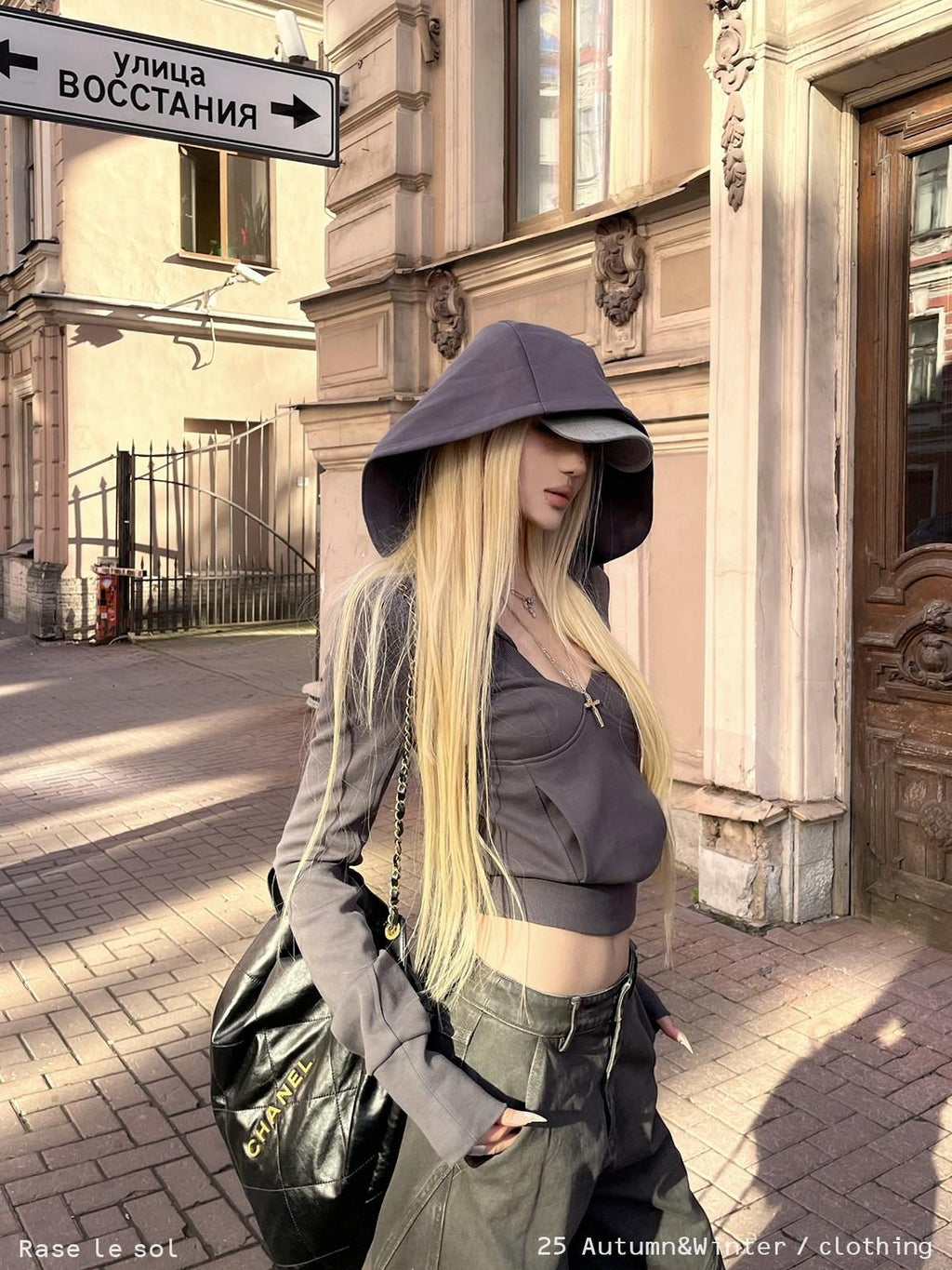 Rase le sol Gray Shadow Wander Graphic Hooded Slim Fit Women's Cropped Hoodies