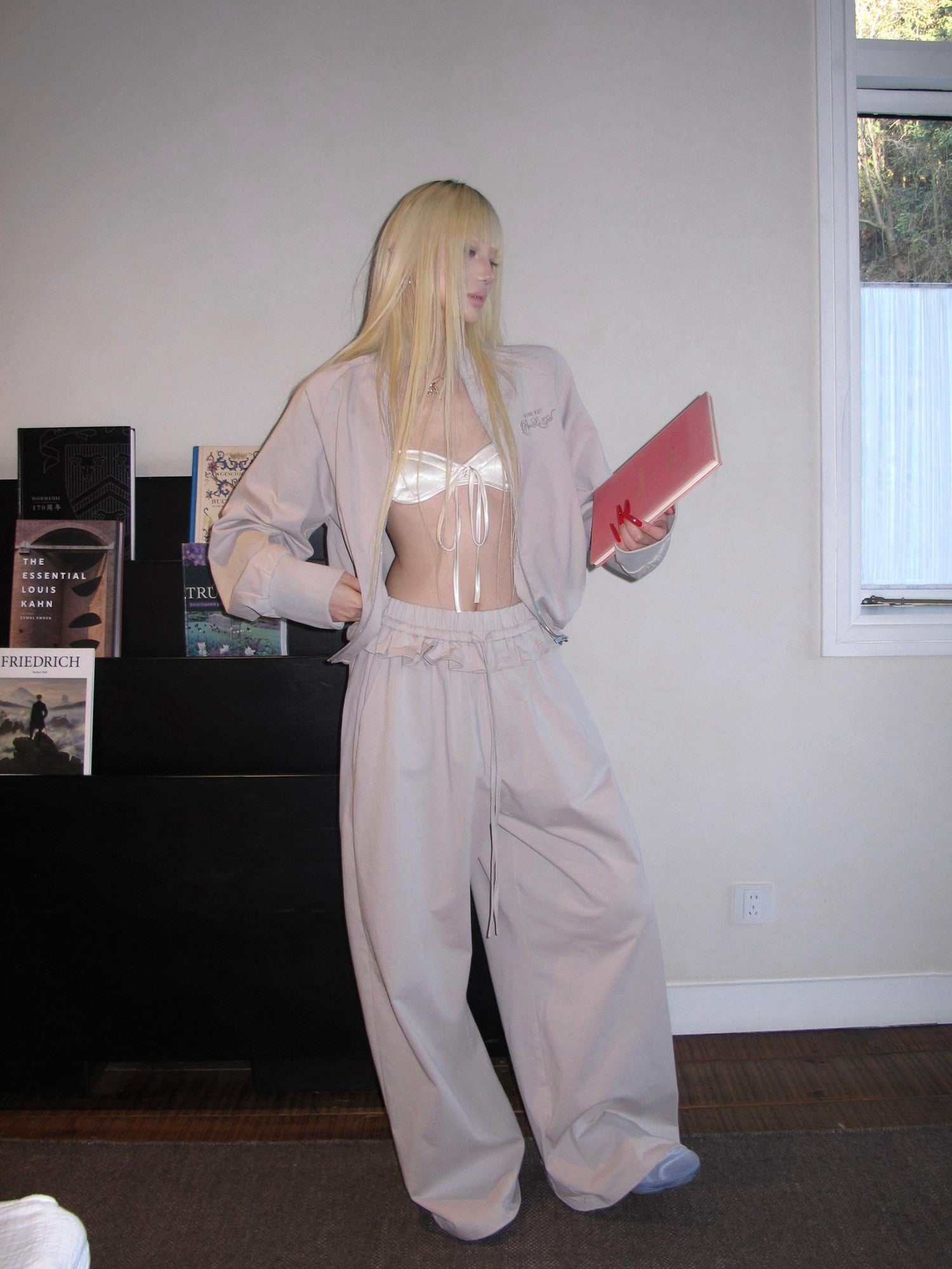 Rase le sol Gray Stand Collar Cropped Jacket Wide Leg Sweatpants Women's Tracksuit Sets