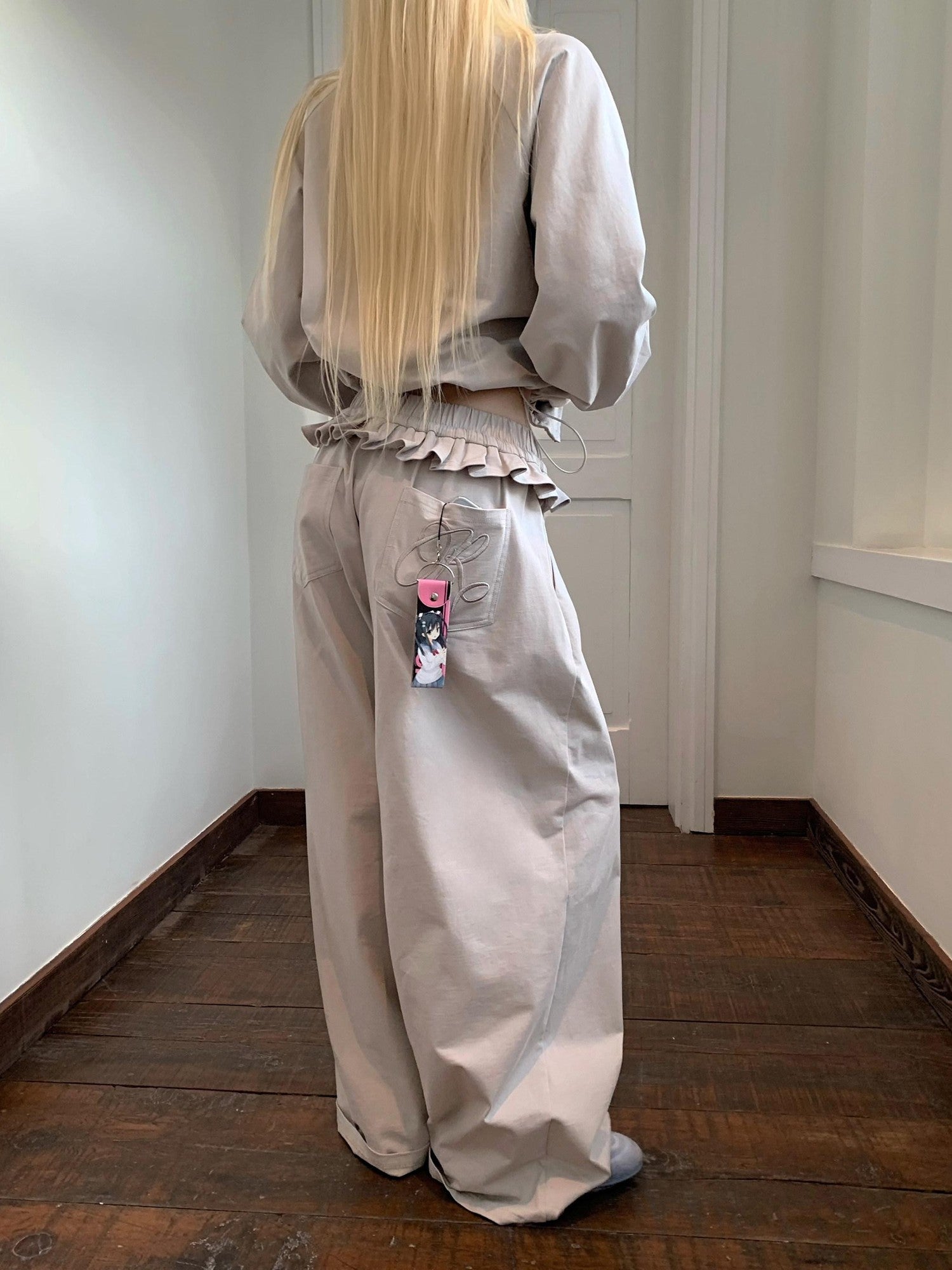 Rase le sol Gray Stand Collar Cropped Jacket Wide Leg Sweatpants Women's Tracksuit Sets