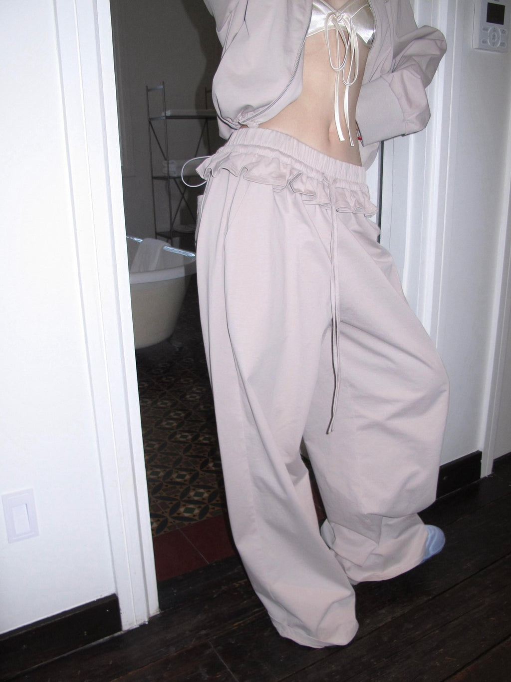 Rase le sol Gray Stand Collar Cropped Jacket Wide Leg Sweatpants Women's Tracksuit Sets