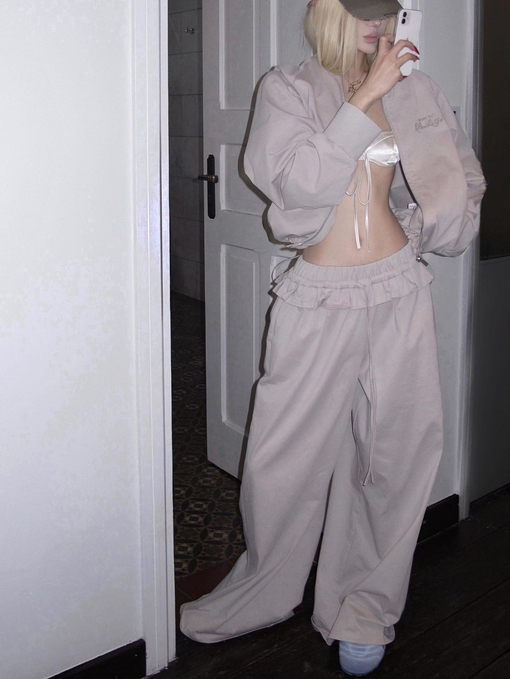 Rase le sol Gray Stand Collar Cropped Jacket Wide Leg Sweatpants Women's Tracksuit Sets