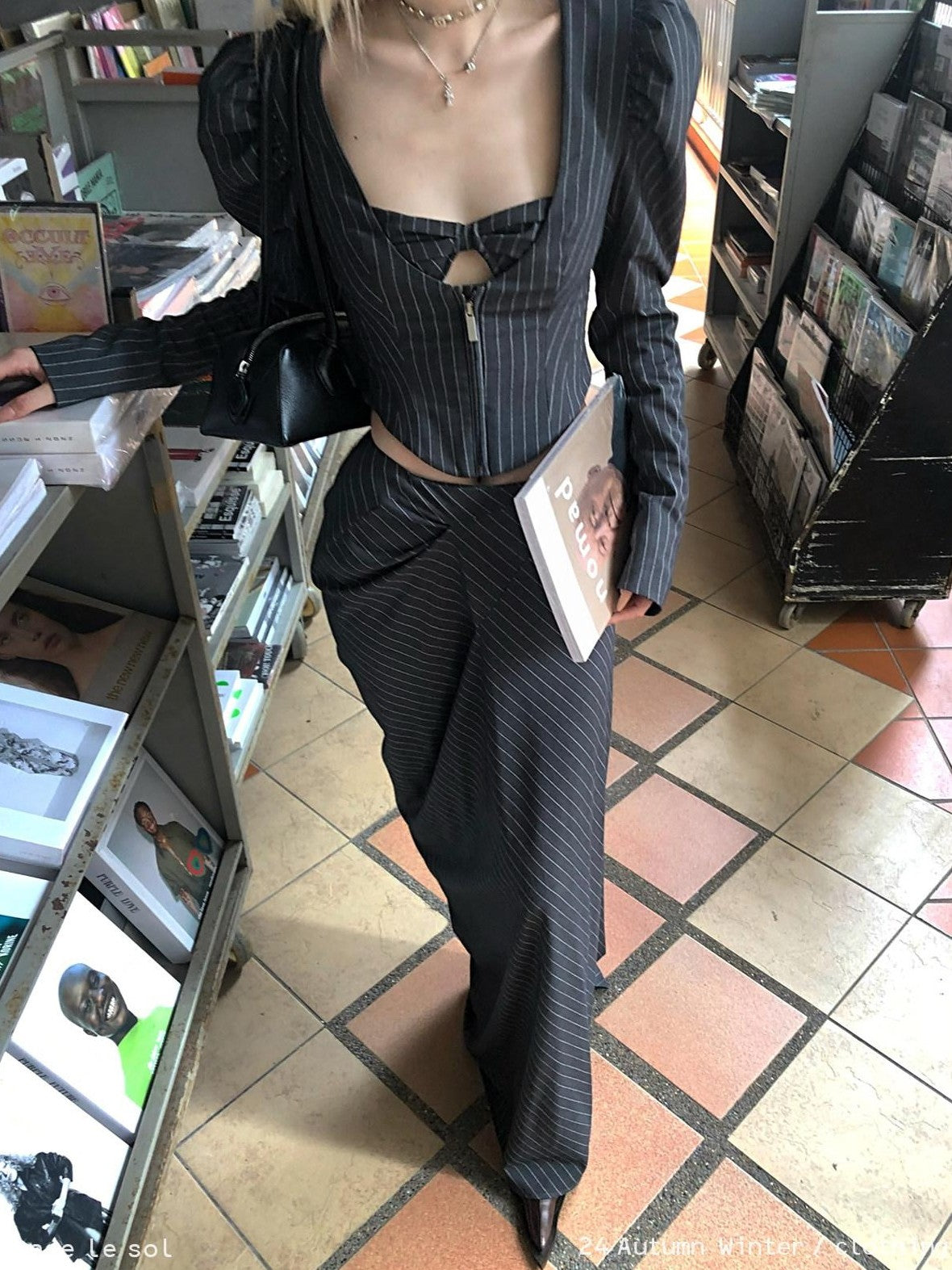 Rase le sol Gray Striped Pictorial Tailored Long Skirt Women's Blazer Skirt Suits