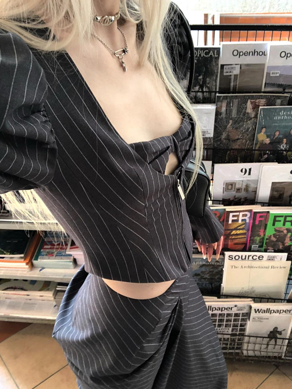 Rase le sol Gray Striped Pictorial Tailored Long Skirt Women's Blazer Skirt Suits