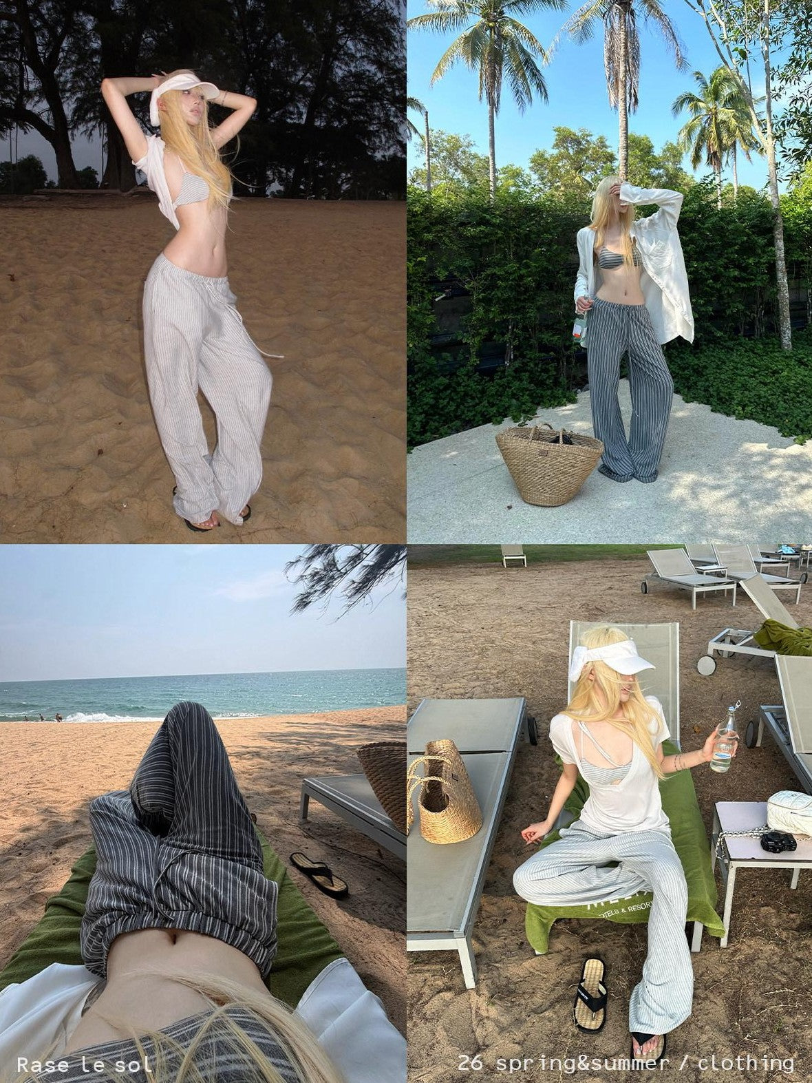 Rase le sol Gray Striped Relaxed Straight Casual Loose Fit Women's Wide-leg Pants