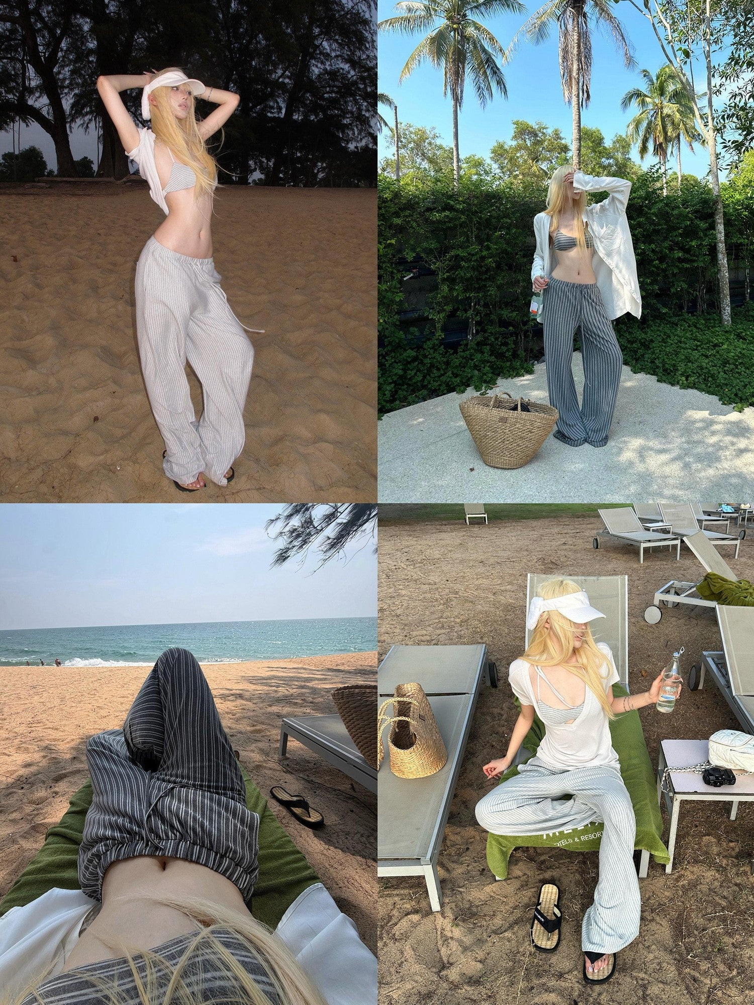 Rase le sol Gray Striped Relaxed Straight Casual Loose Fit Women's Wide-leg Pants