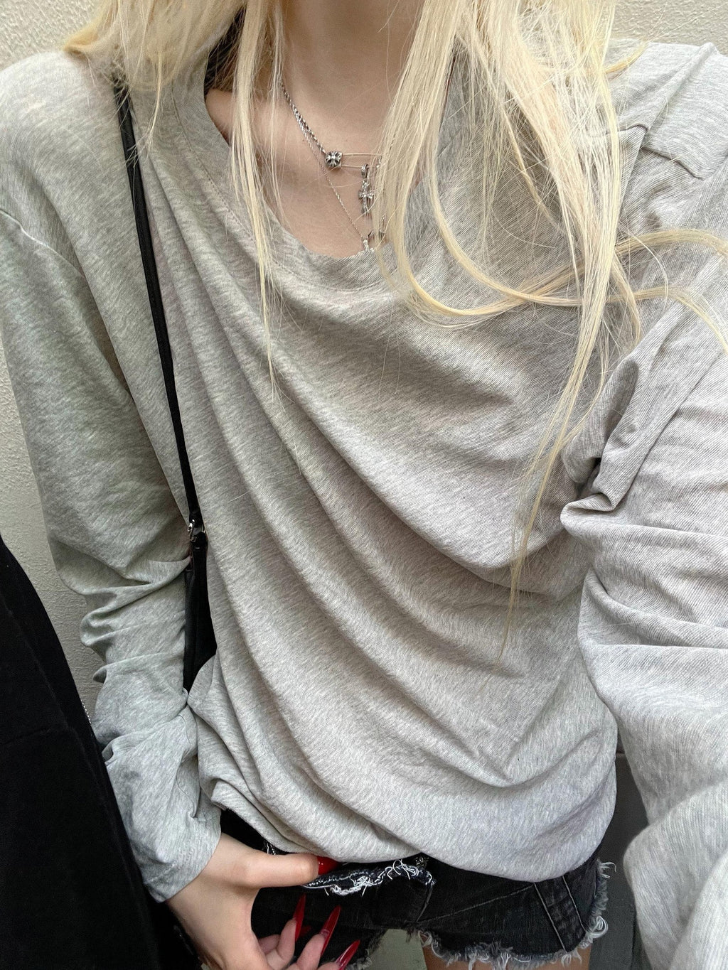 Rase le sol Gray Vintage Printed Relaxed Slouchy Women's Long Sleeve T-shirts