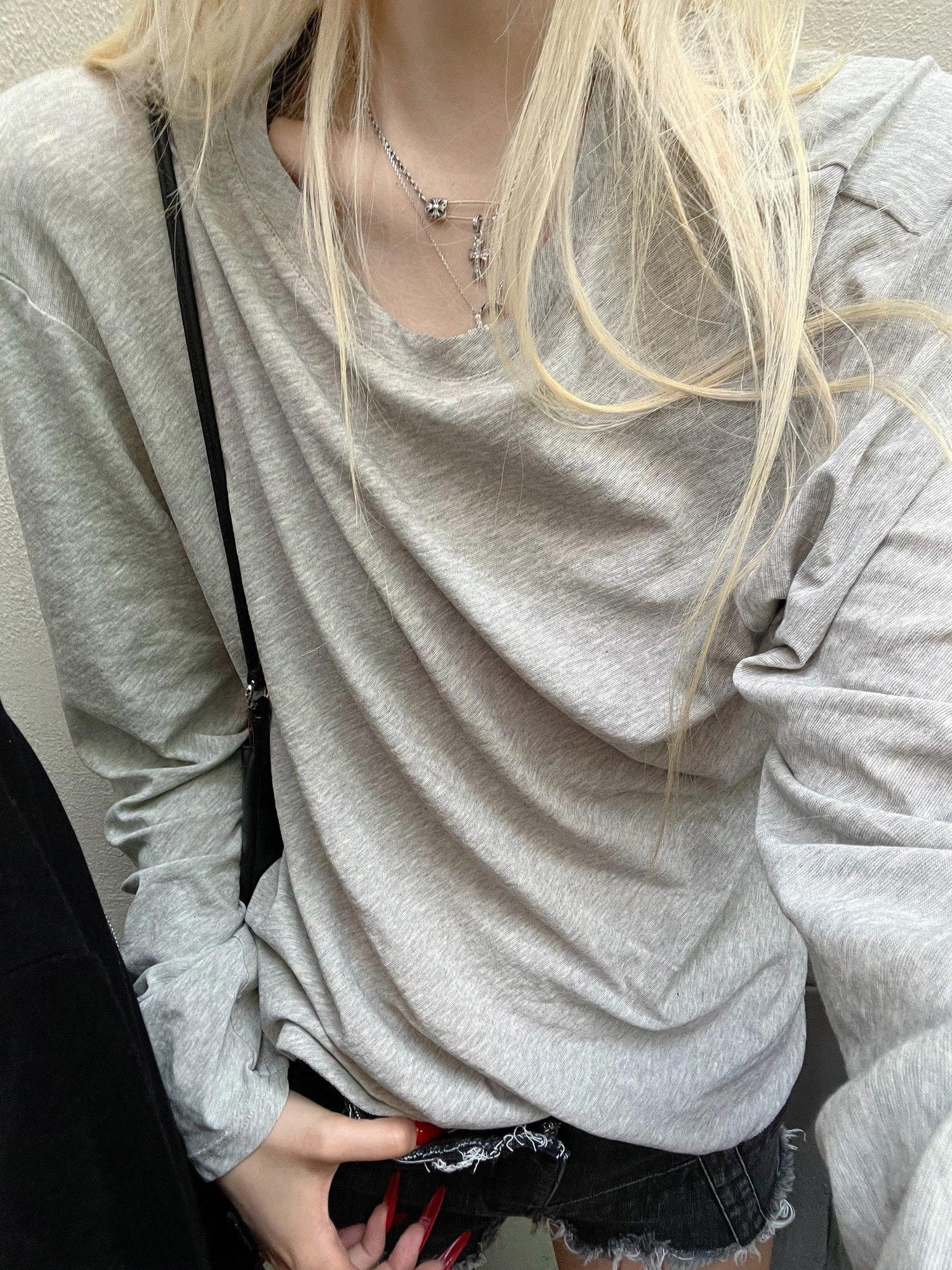 Rase le sol Gray Vintage Printed Relaxed Slouchy Women's Long Sleeve T-shirts