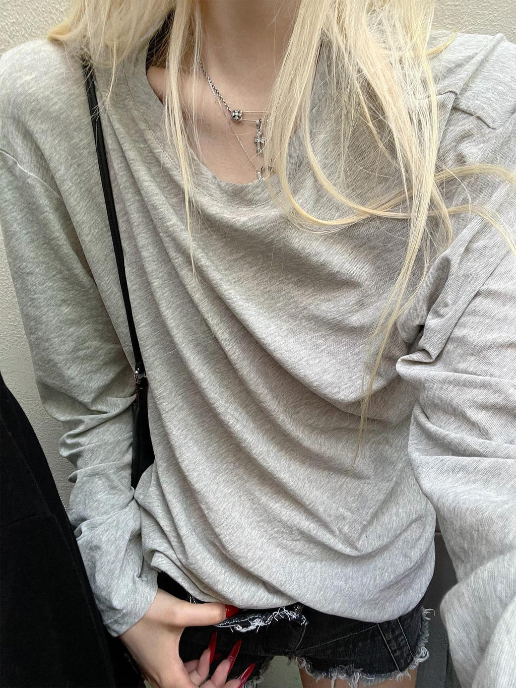 Rase le sol Gray Vintage Printed Relaxed Slouchy Women's Long Sleeve T-shirts