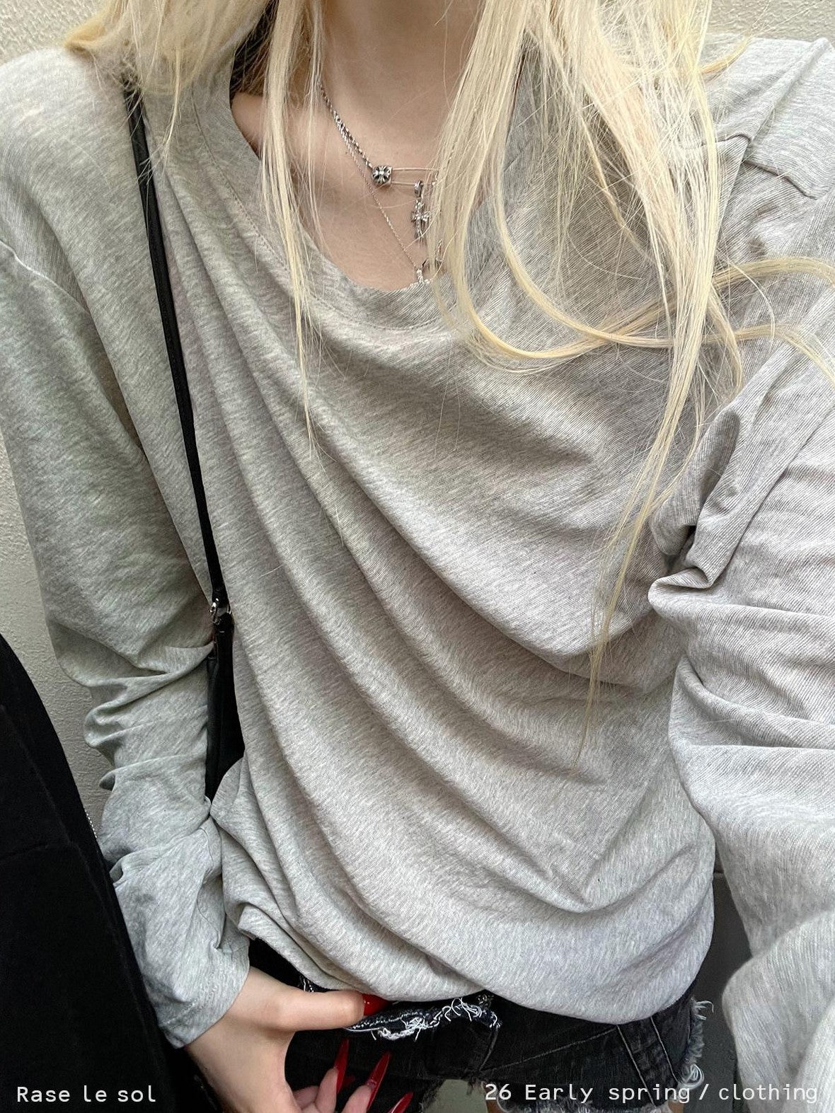 Rase le sol Gray Vintage Printed Relaxed Slouchy Women's Long Sleeve T-shirts