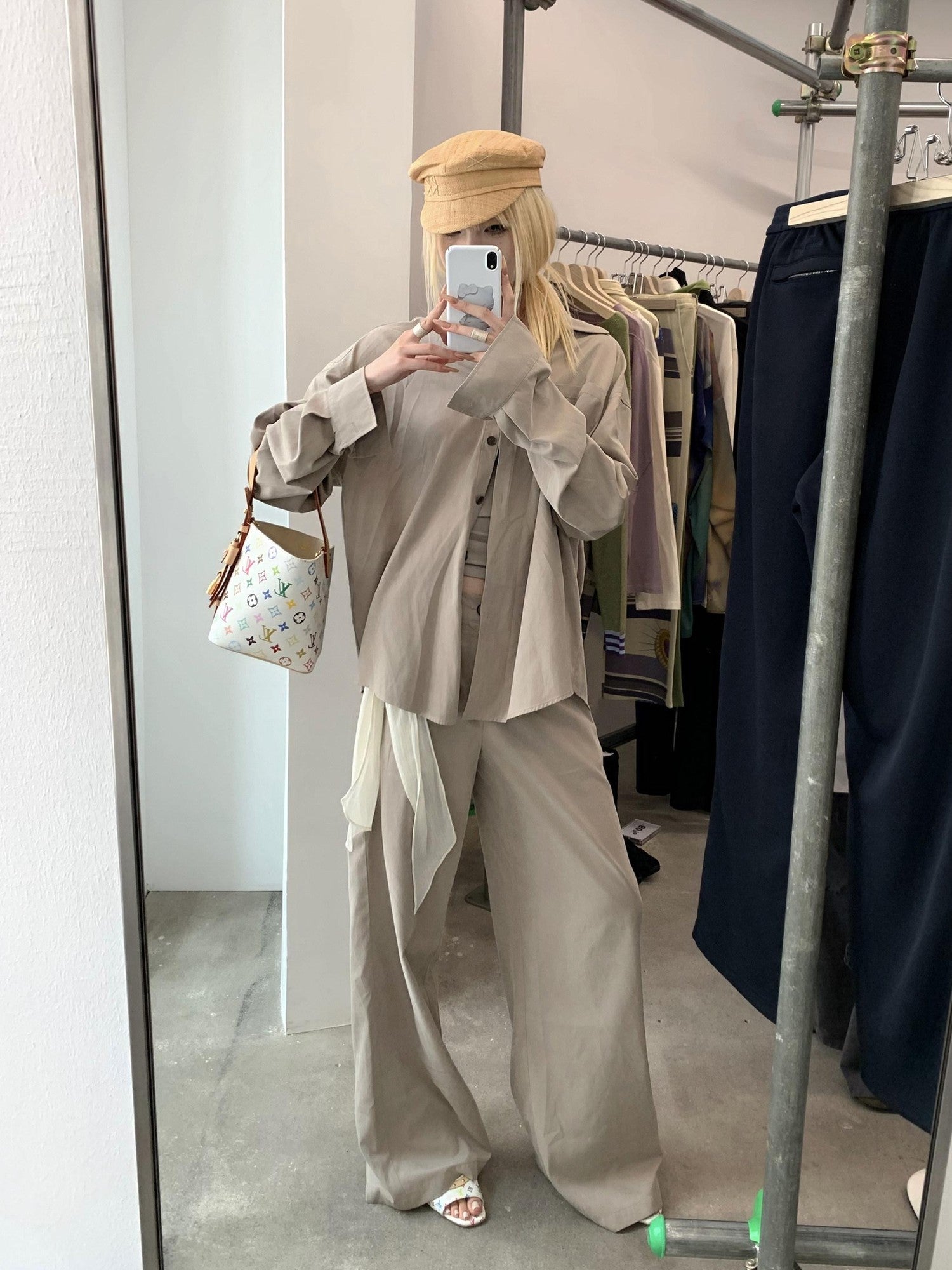 Rase le sol Grey Green Brushed Loose Shirt Women's Casual Top & Pants Sets