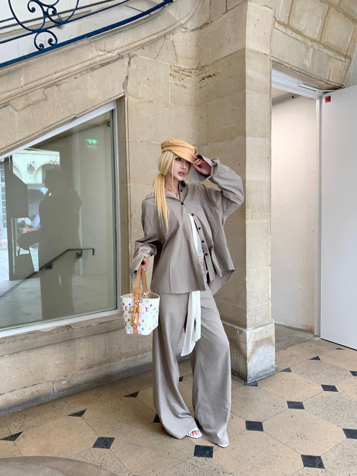 Rase le sol Grey Green Brushed Loose Shirt Women's Casual Top & Pants Sets