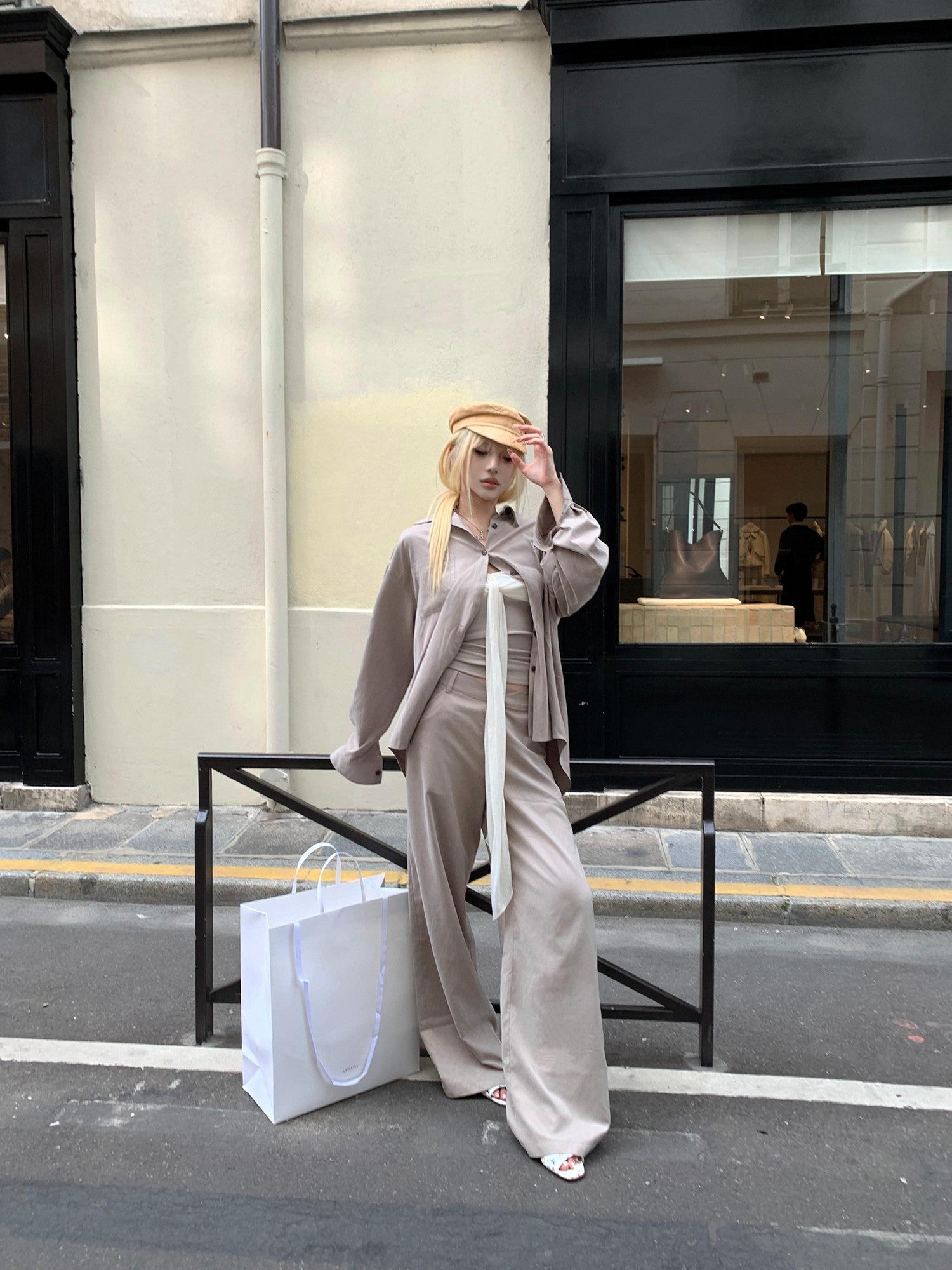 Rase le sol Grey Green Brushed Loose Shirt Women's Casual Top & Pants Sets
