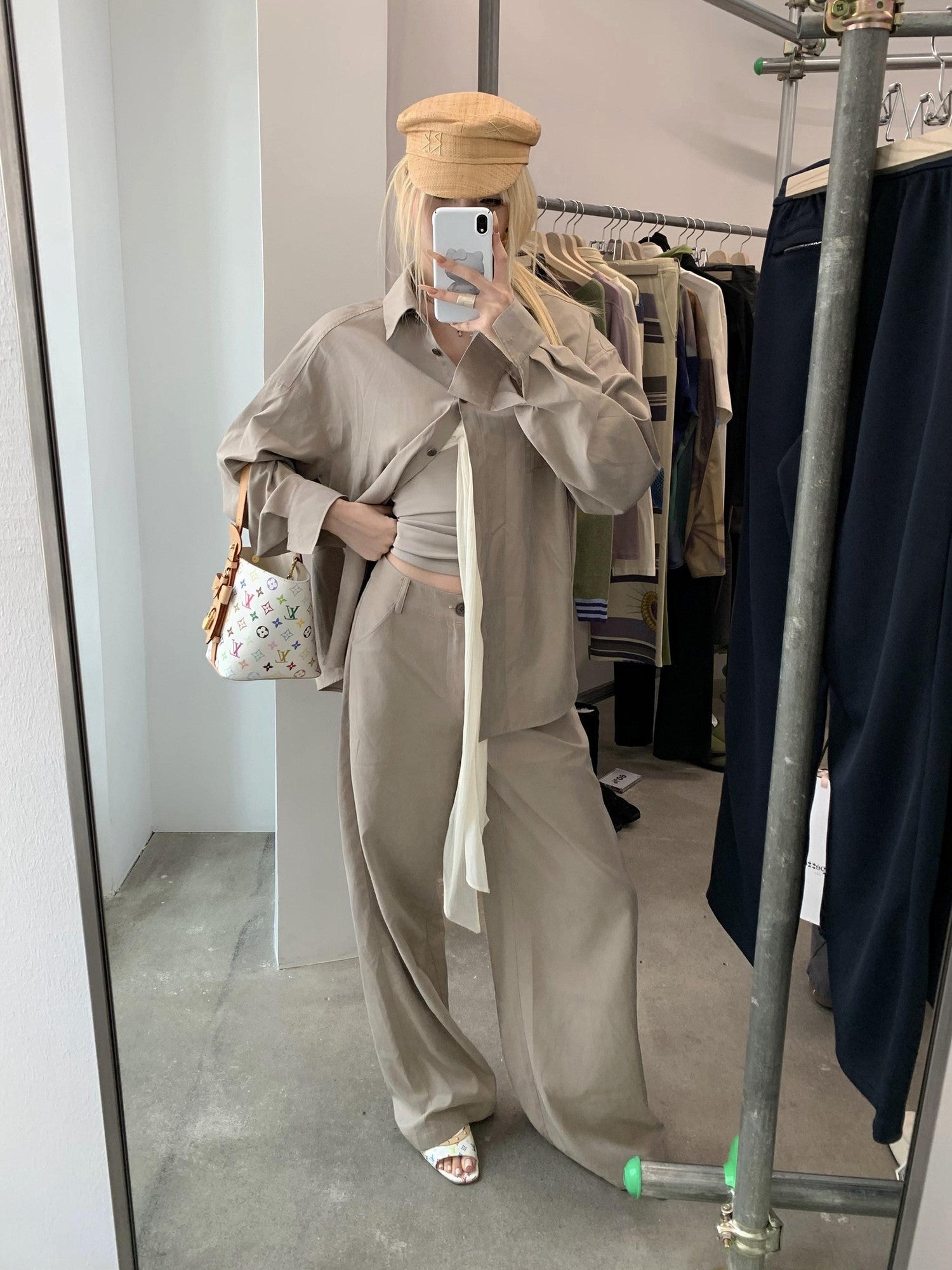 Rase le sol Grey Green Brushed Loose Shirt Women's Casual Top & Pants Sets