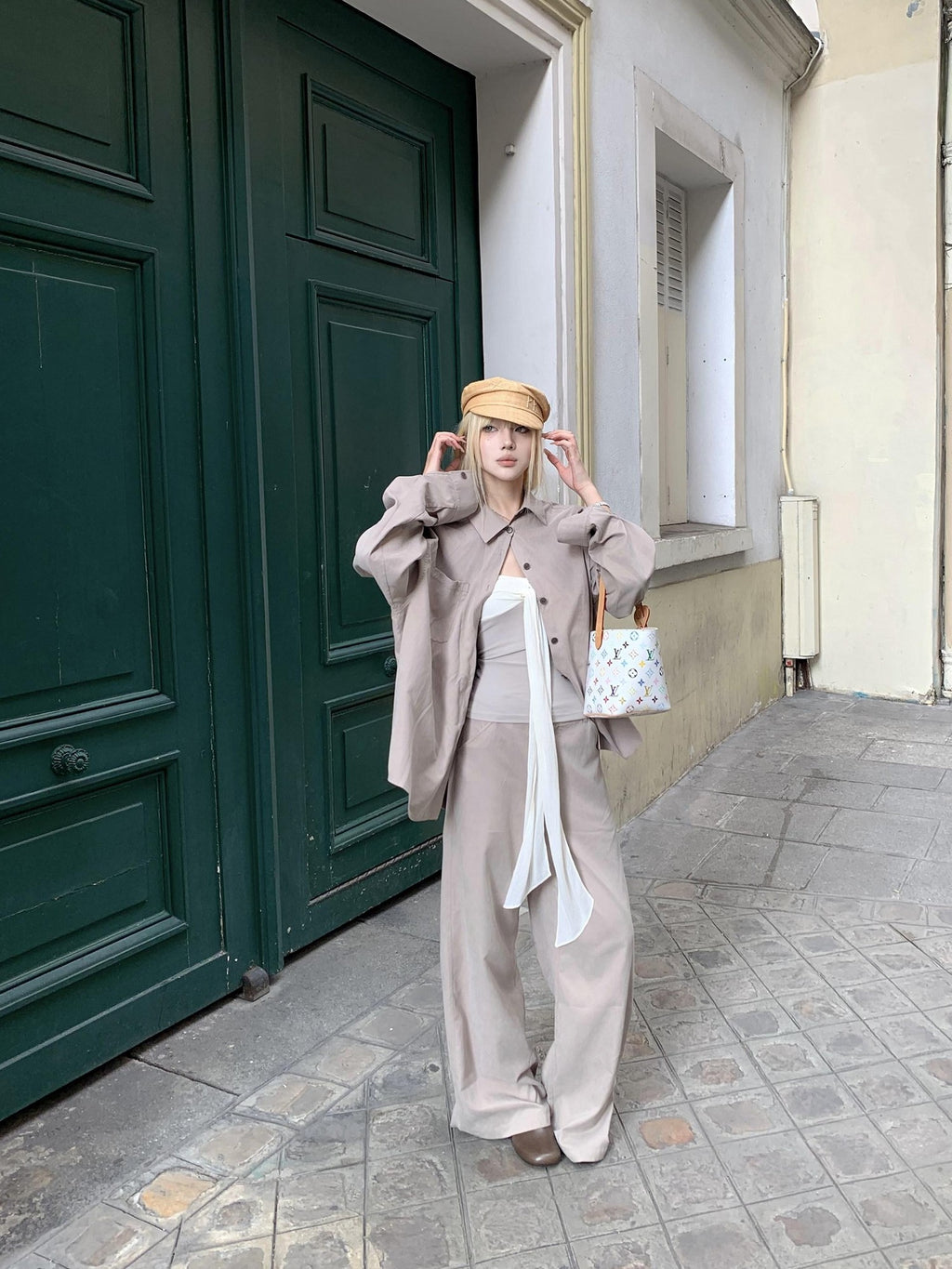 Rase le sol Grey Green Brushed Loose Shirt Women's Casual Top & Pants Sets