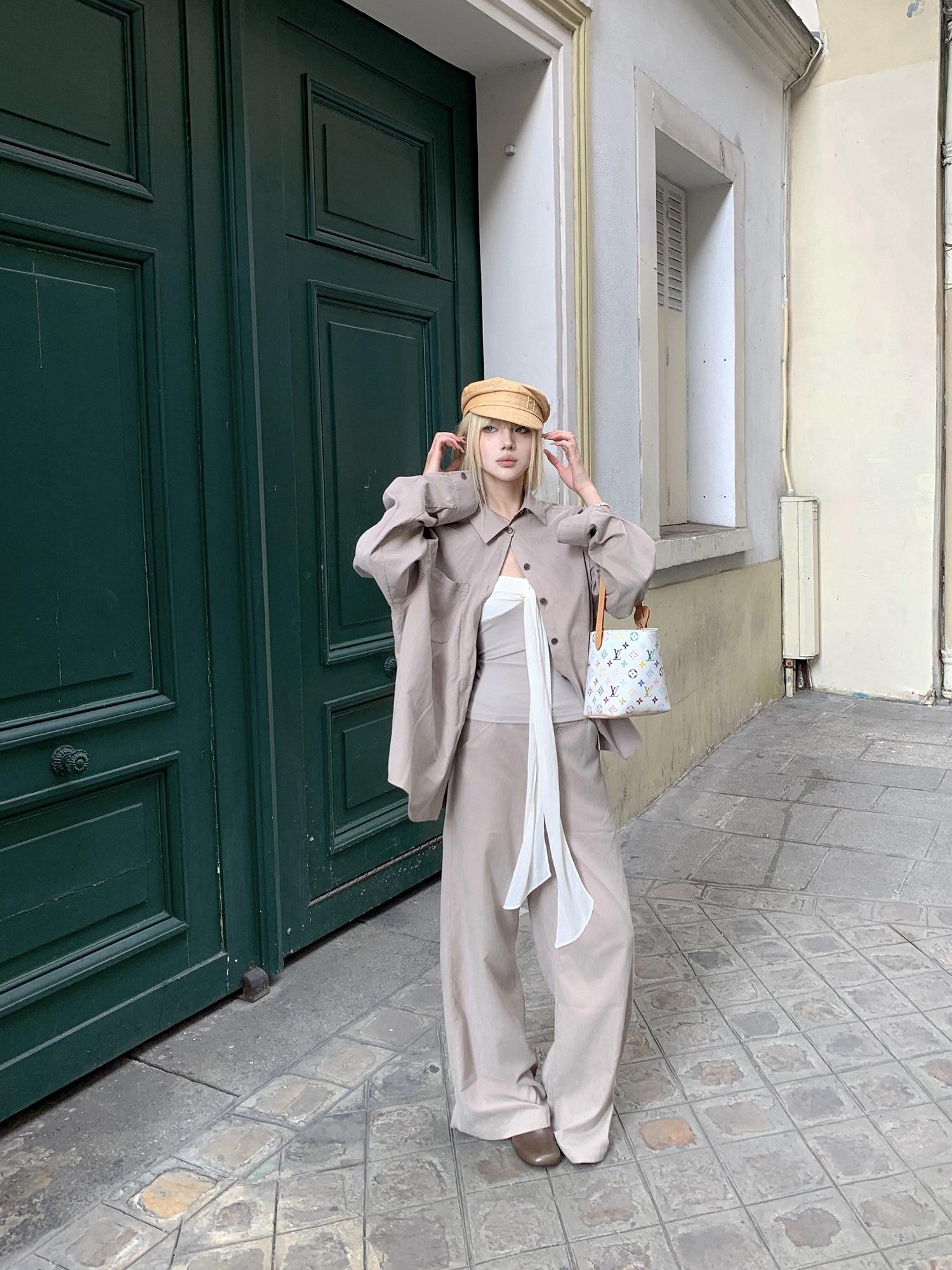 Rase le sol Grey Green Brushed Loose Shirt Women's Casual Top & Pants Sets