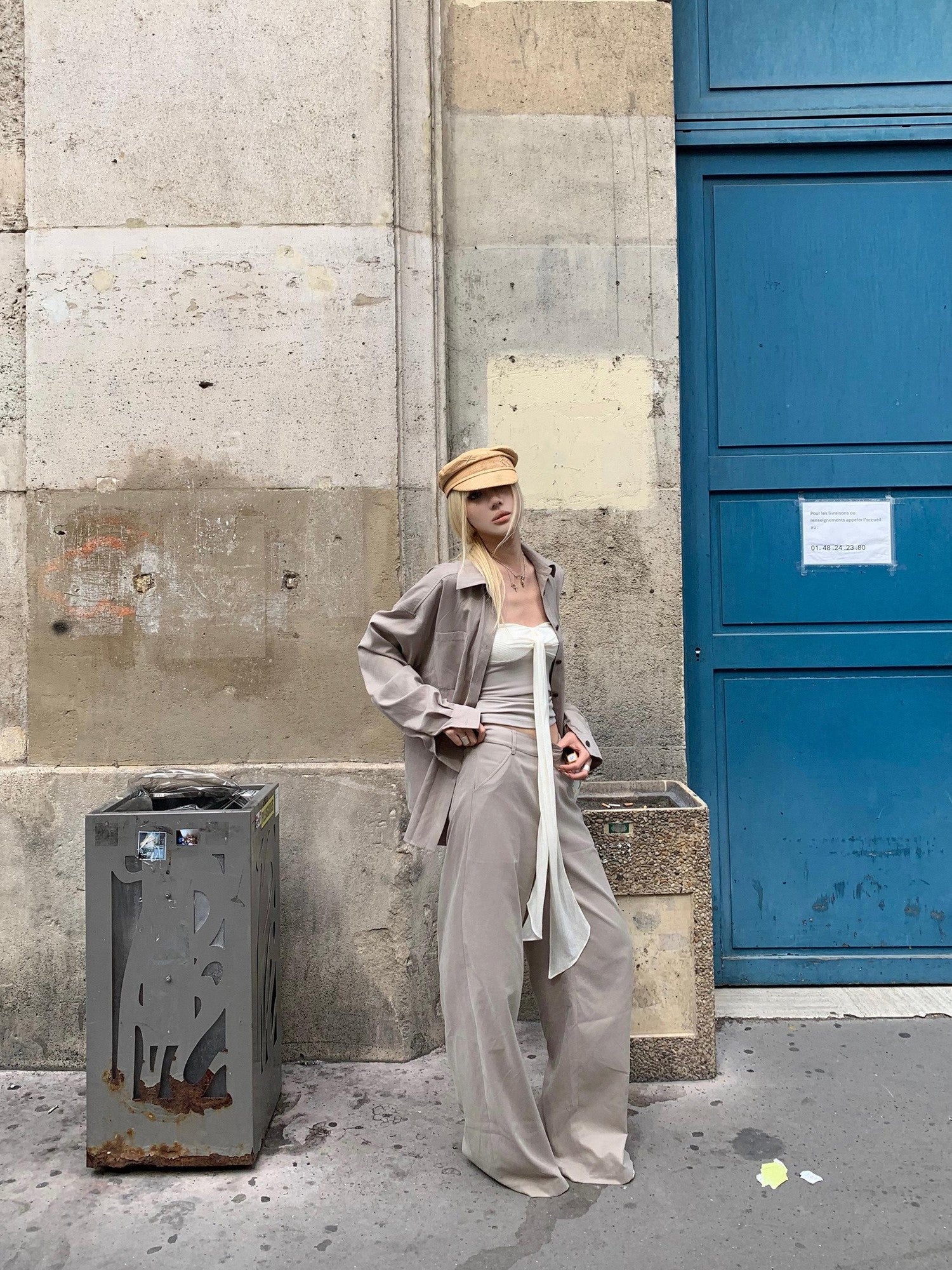 Rase le sol Grey Green Brushed Loose Shirt Women's Casual Top & Pants Sets