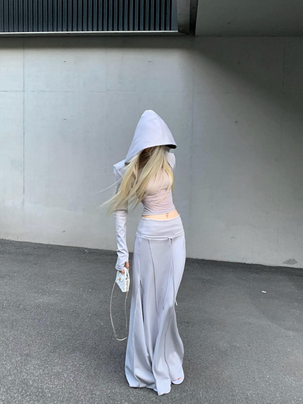Rase le sol Grey Hooded Sweatshirt Vest With Mermaid Hem Skirt Women's Matching Skirt Sets