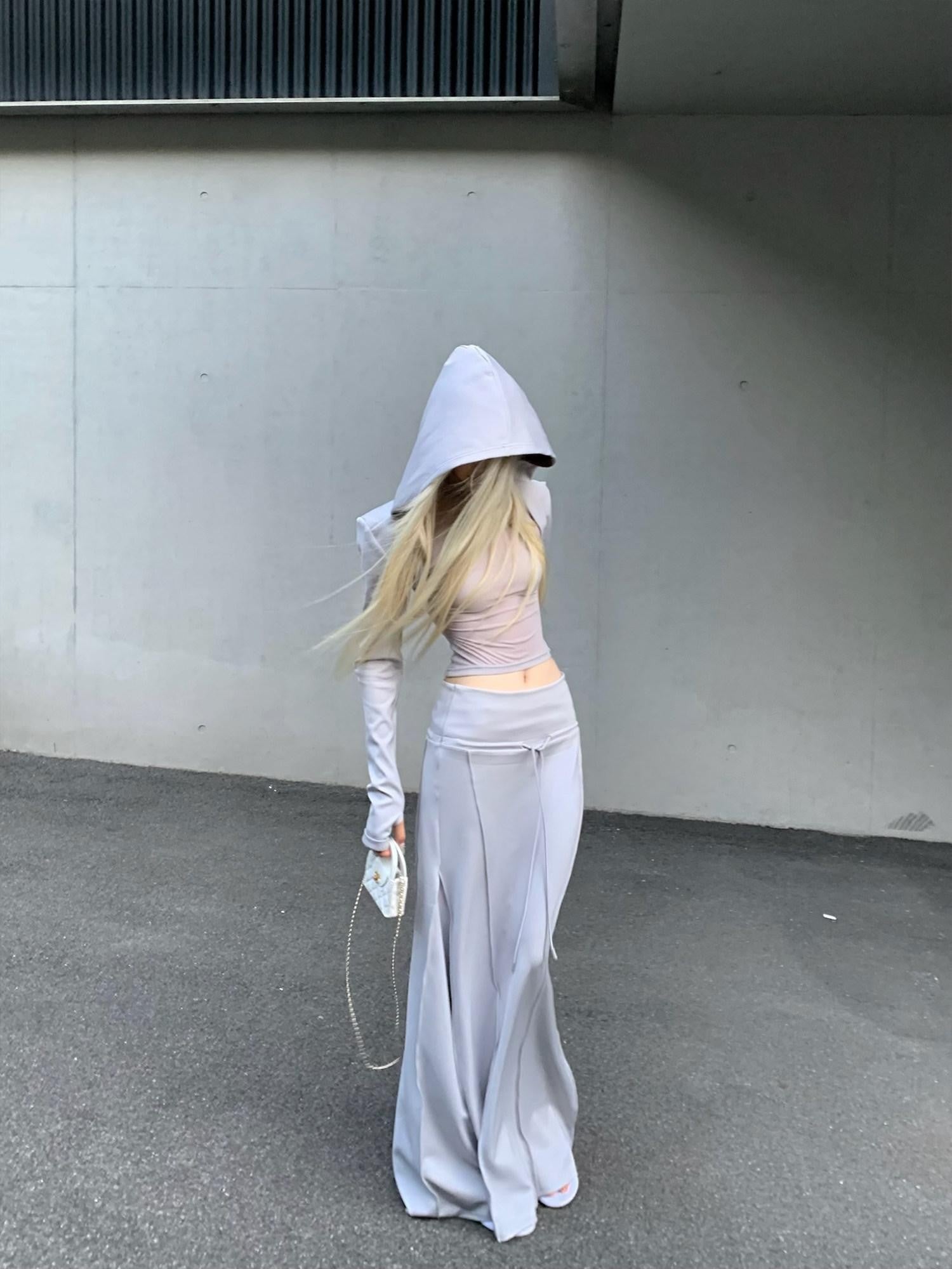 Rase le sol Grey Hooded Sweatshirt Vest With Mermaid Hem Skirt Women's Matching Skirt Sets