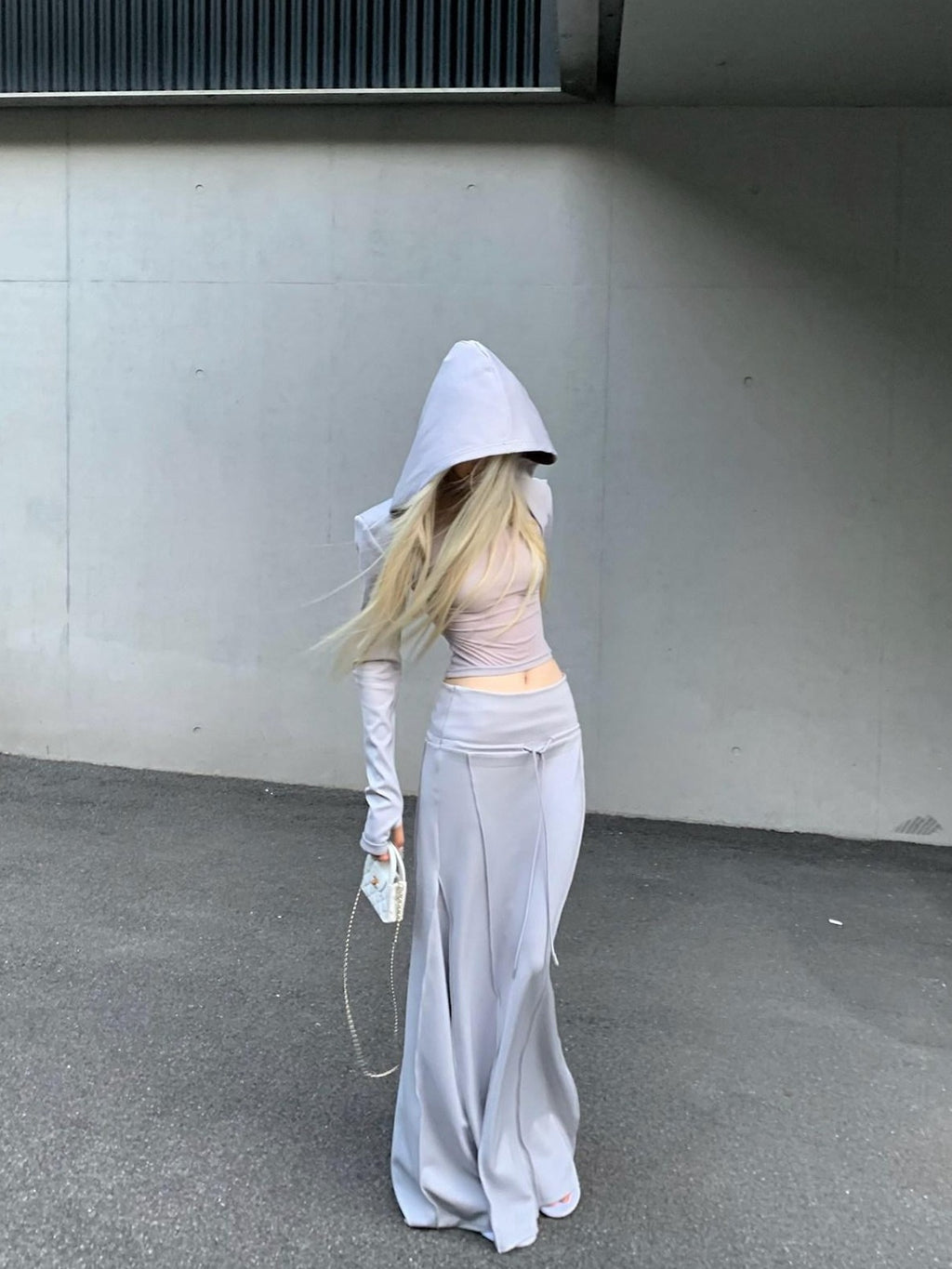 Rase le sol Grey Hooded Sweatshirt Vest With Mermaid Hem Skirt Women's Matching Skirt Sets
