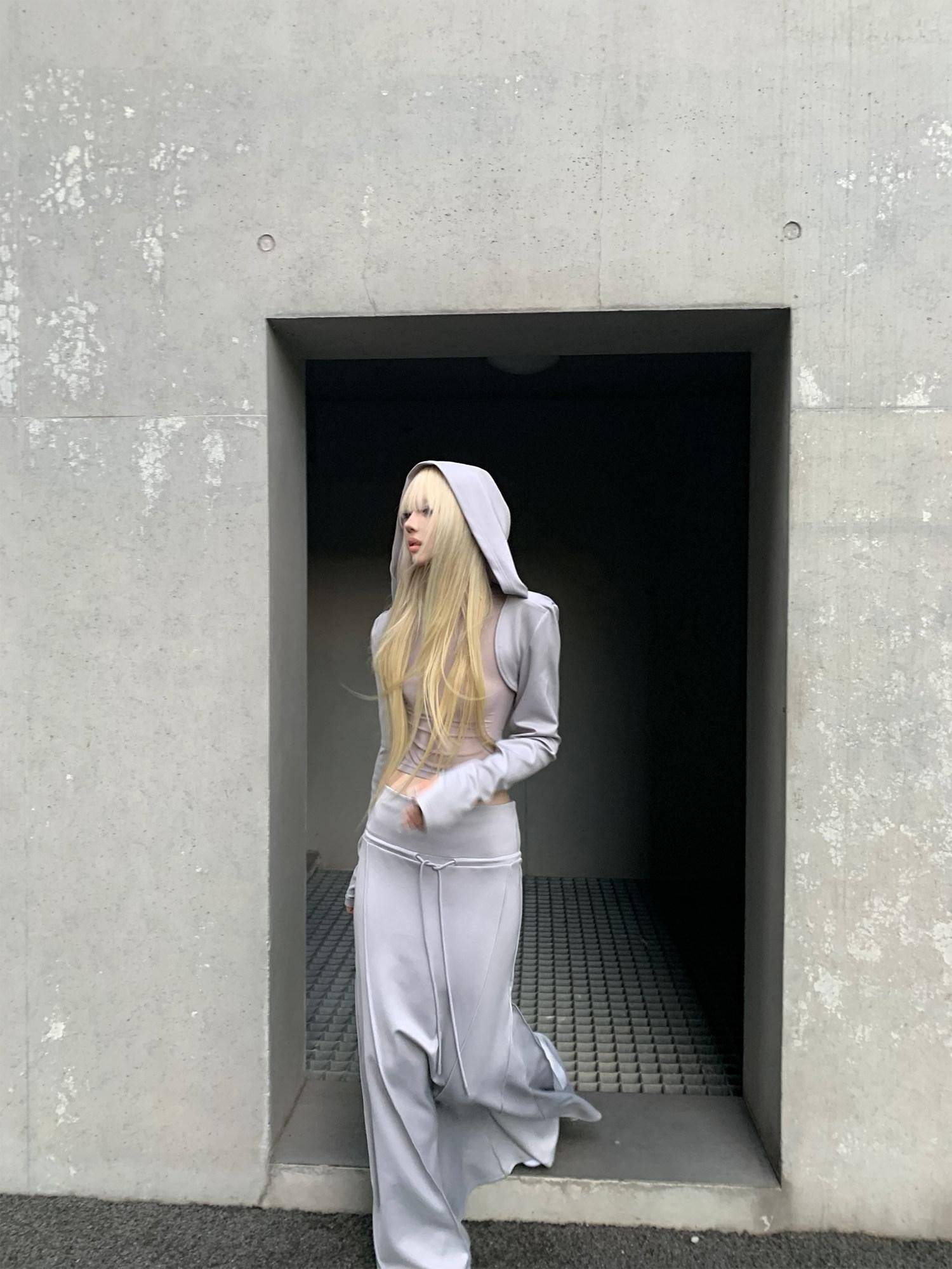 Rase le sol Grey Hooded Sweatshirt Vest With Mermaid Hem Skirt Women's Matching Skirt Sets