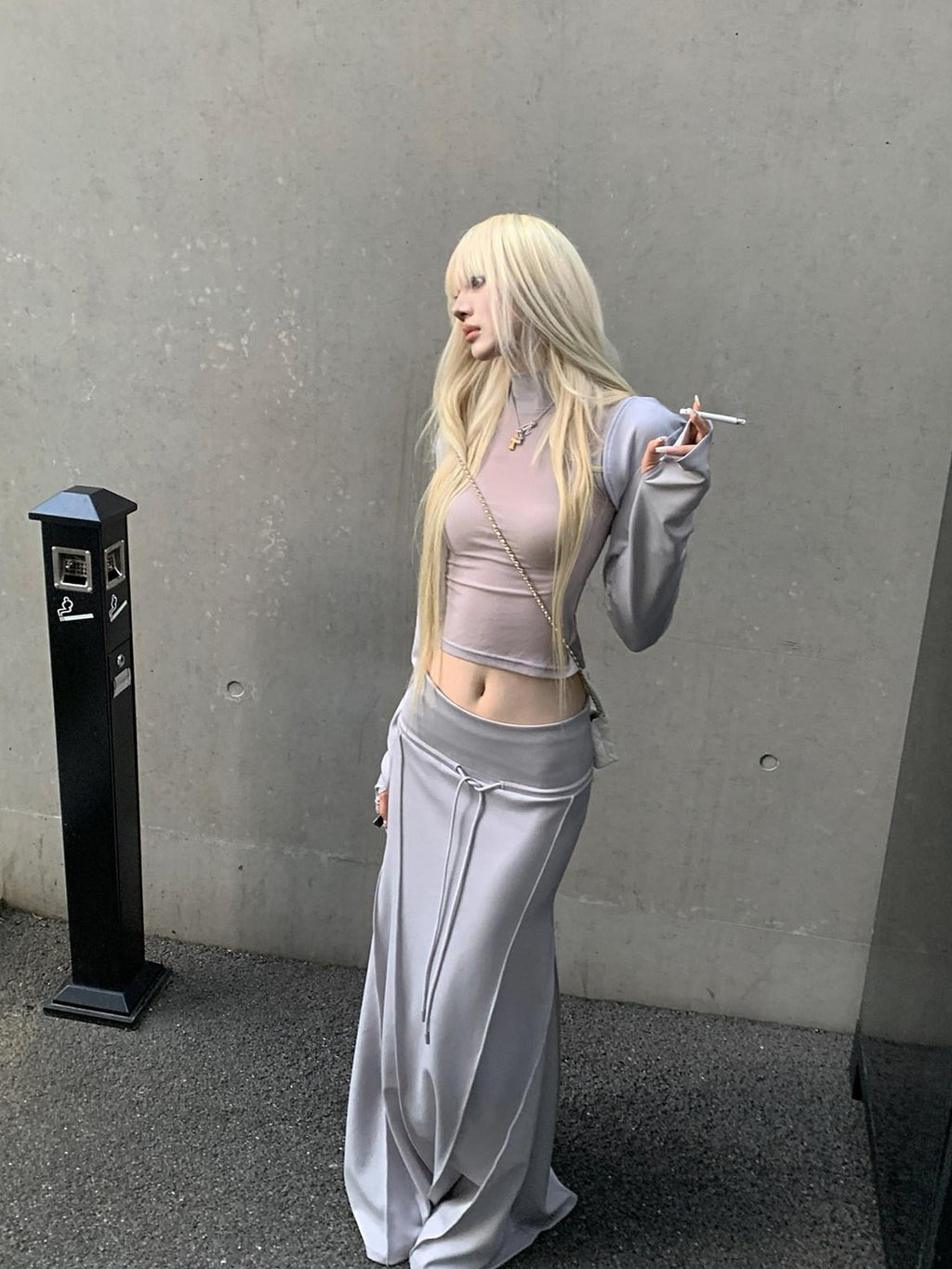 Rase le sol Grey Hooded Sweatshirt Vest With Mermaid Hem Skirt Women's Matching Skirt Sets