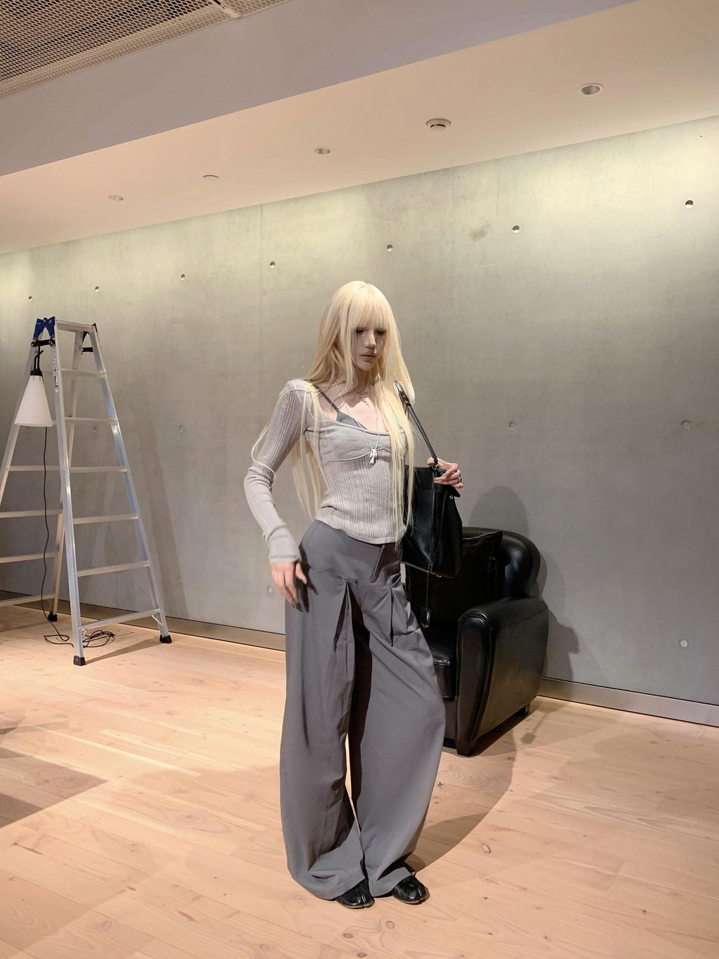 Rase le sol Grey Low Waist Relaxed Tailored Straight Women's Wide-leg Pants