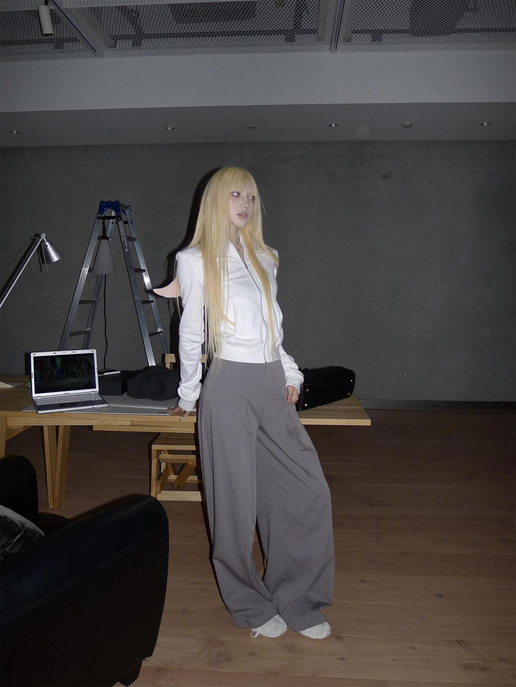 Rase le sol Grey Low Waist Relaxed Tailored Straight Women's Wide-leg Pants