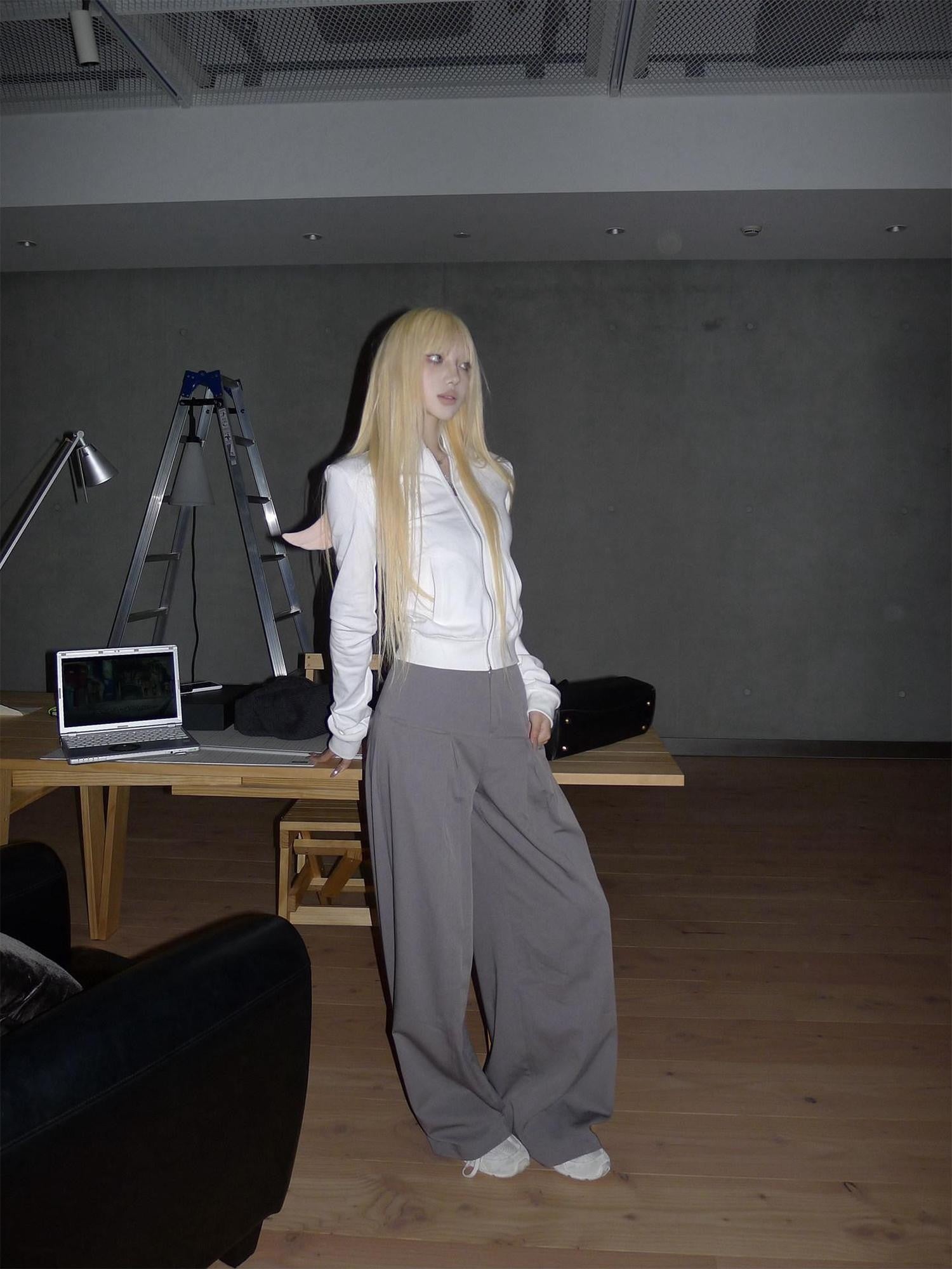 Rase le sol Grey Low Waist Relaxed Tailored Straight Women's Wide-leg Pants