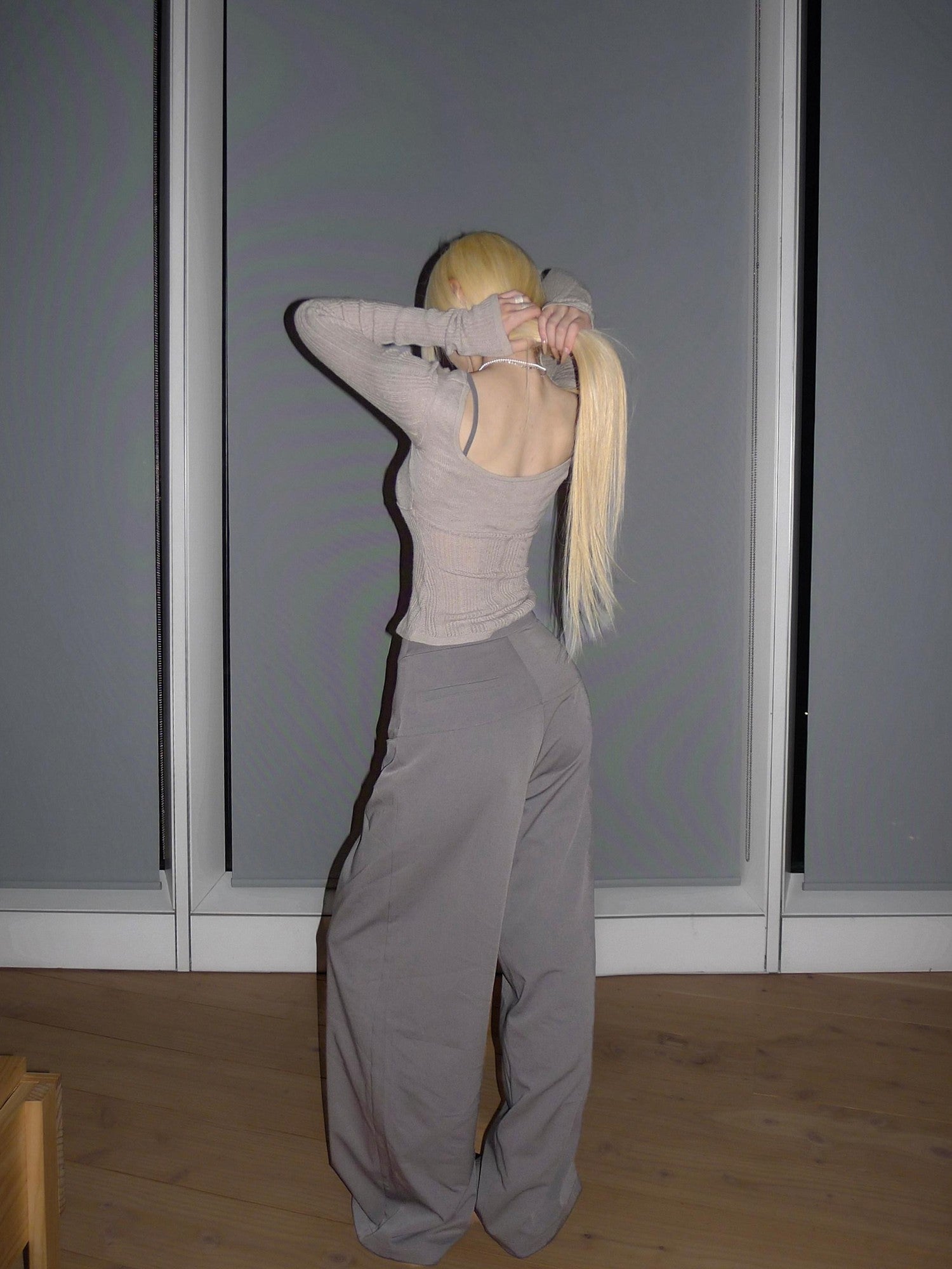 Rase le sol Grey Low Waist Relaxed Tailored Straight Women's Wide-leg Pants