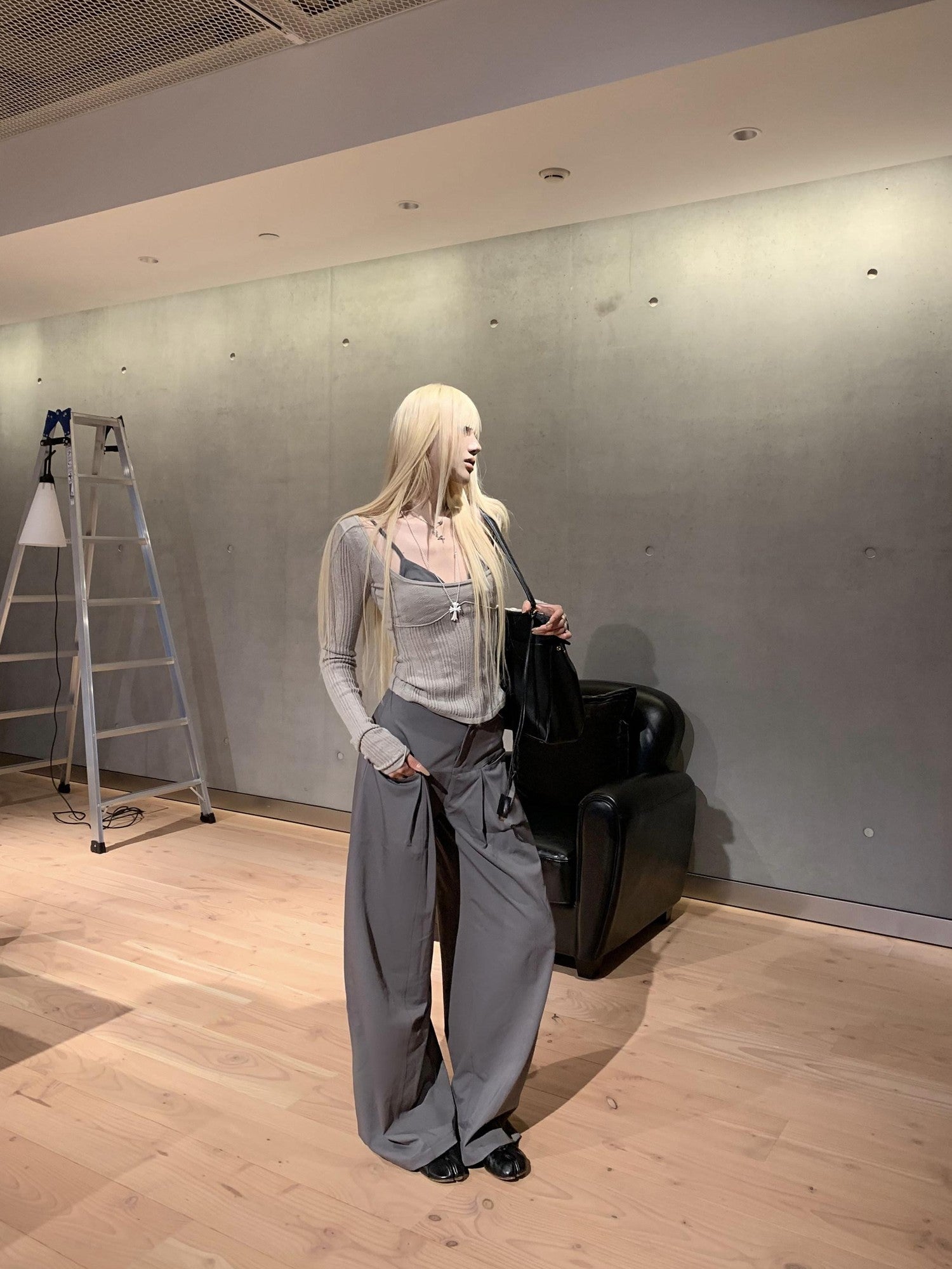 Rase le sol Grey Low Waist Relaxed Tailored Straight Women's Wide-leg Pants