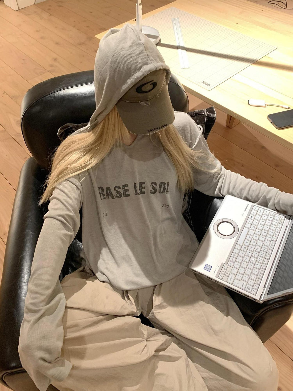 Rase le sol Grey Semi Sheer Hooded American Oversized Women's Tencel Long Sleeve T-shirts