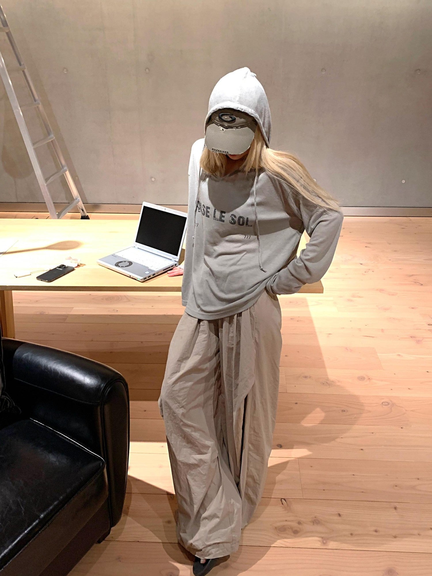 Rase le sol Grey Semi Sheer Hooded American Oversized Women's Tencel Long Sleeve T-shirts