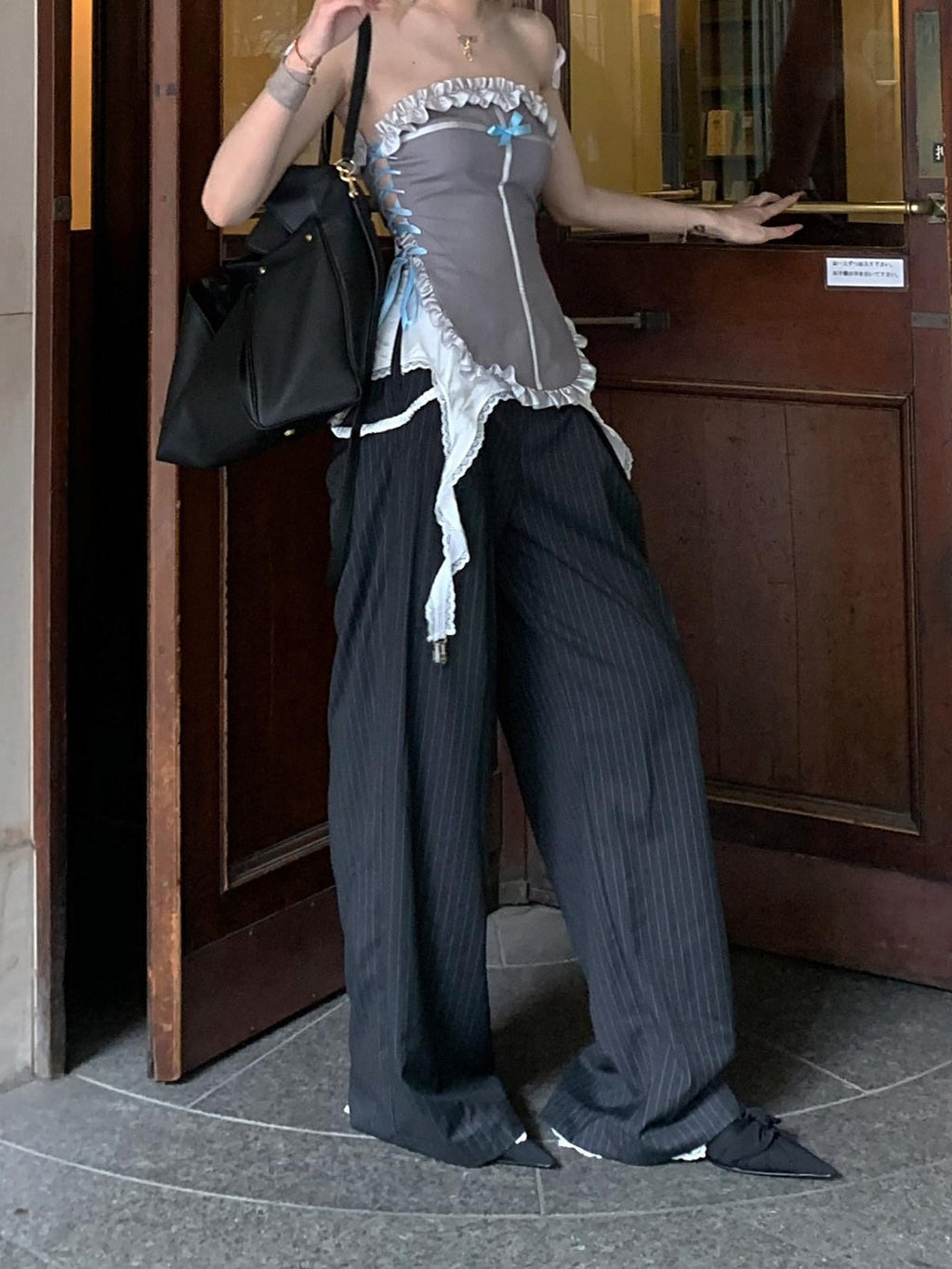 Rase le sol Grey Striped Tailored Draped Relaxed Fluid Women's Wide-leg Pants