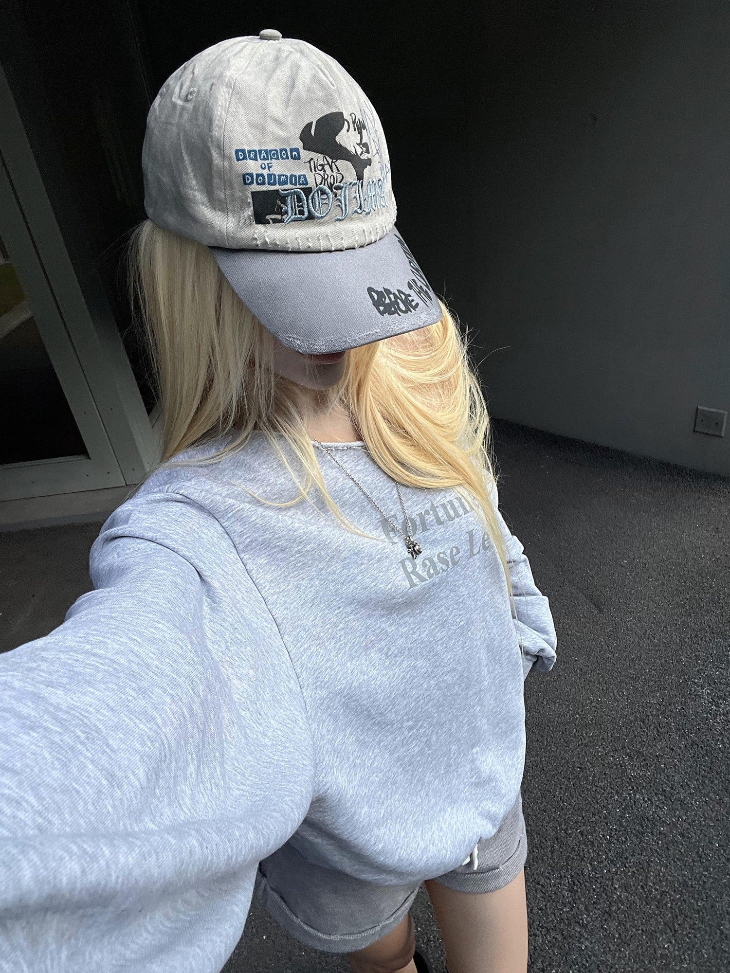 Rase le sol Heather Gray Asymmetric Shoulder Print Women's American Oversized Hoodies