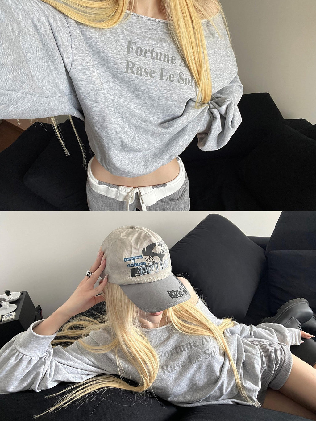 Rase le sol Heather Gray Asymmetric Shoulder Print Women's American Oversized Hoodies