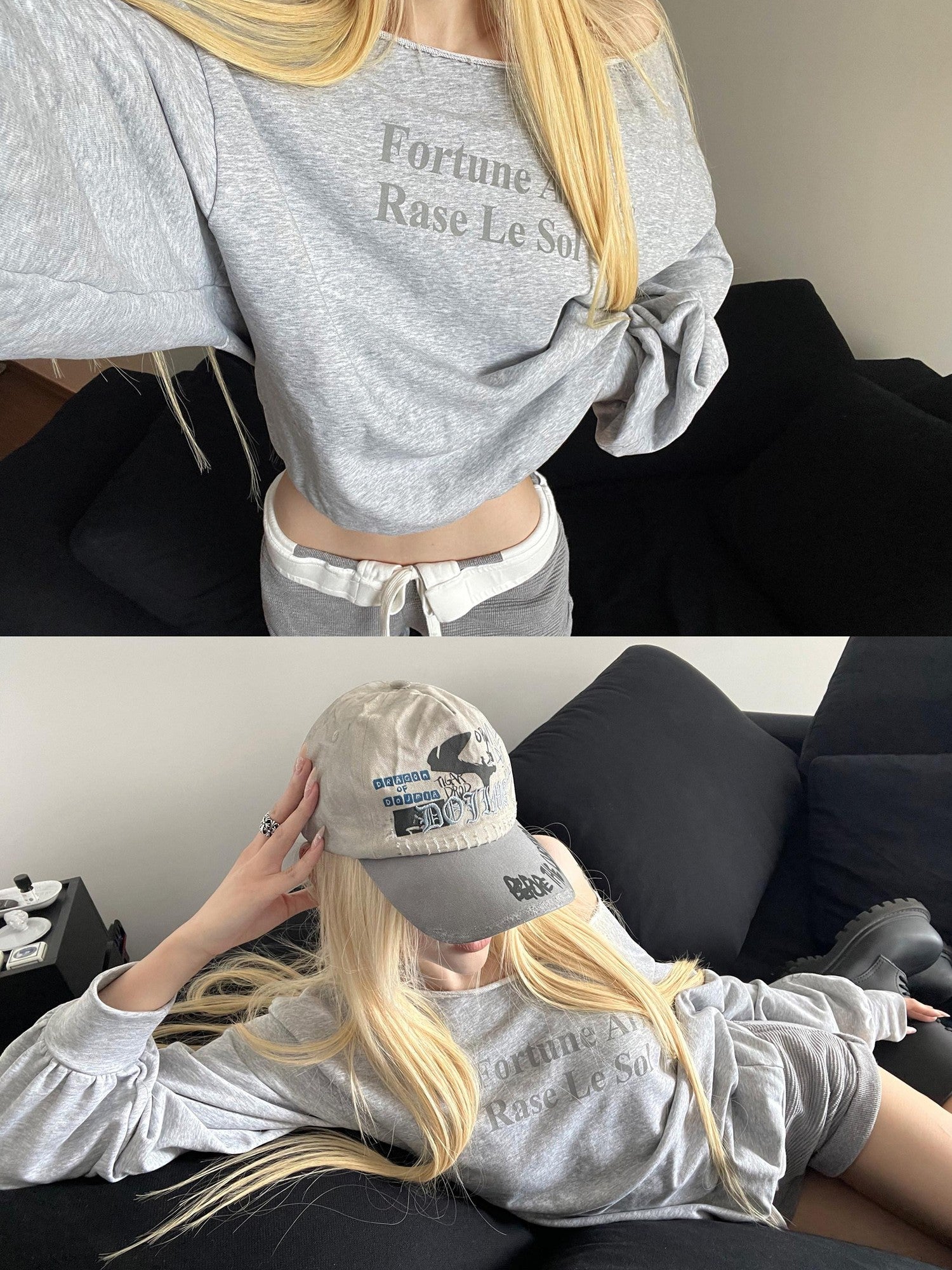 Rase le sol Heather Gray Asymmetric Shoulder Print Women's American Oversized Hoodies