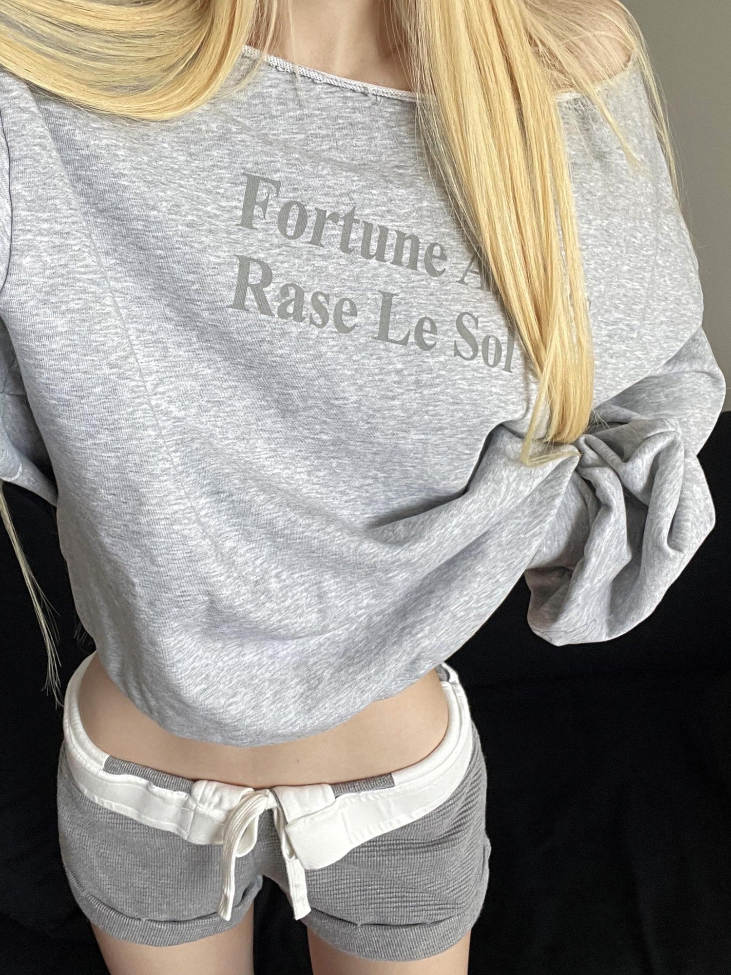 Rase le sol Heather Gray Asymmetric Shoulder Print Women's American Oversized Hoodies