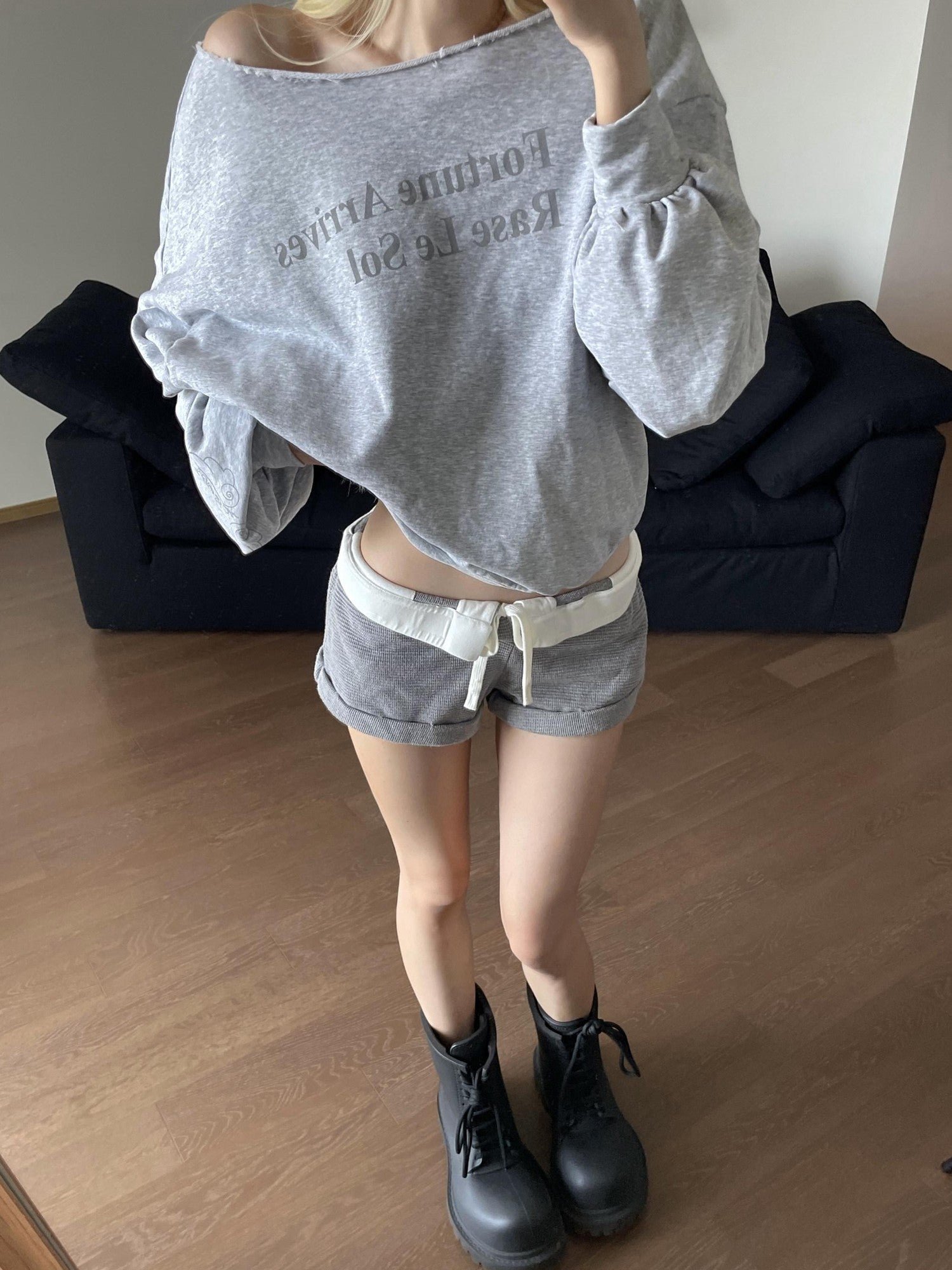 Rase le sol Heather Gray Asymmetric Shoulder Print Women's American Oversized Hoodies