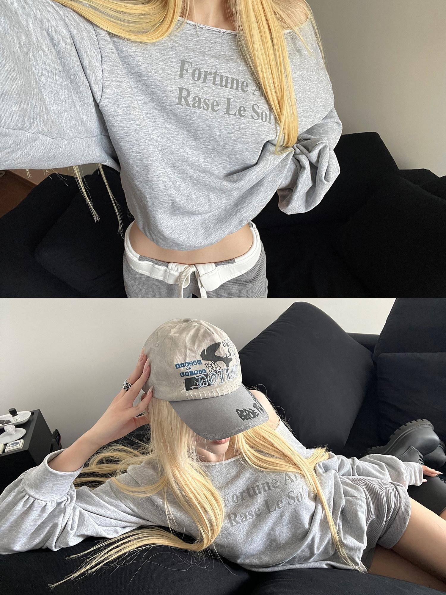 Rase le sol Heather Gray Asymmetric Shoulder Print Women's American Oversized Hoodies