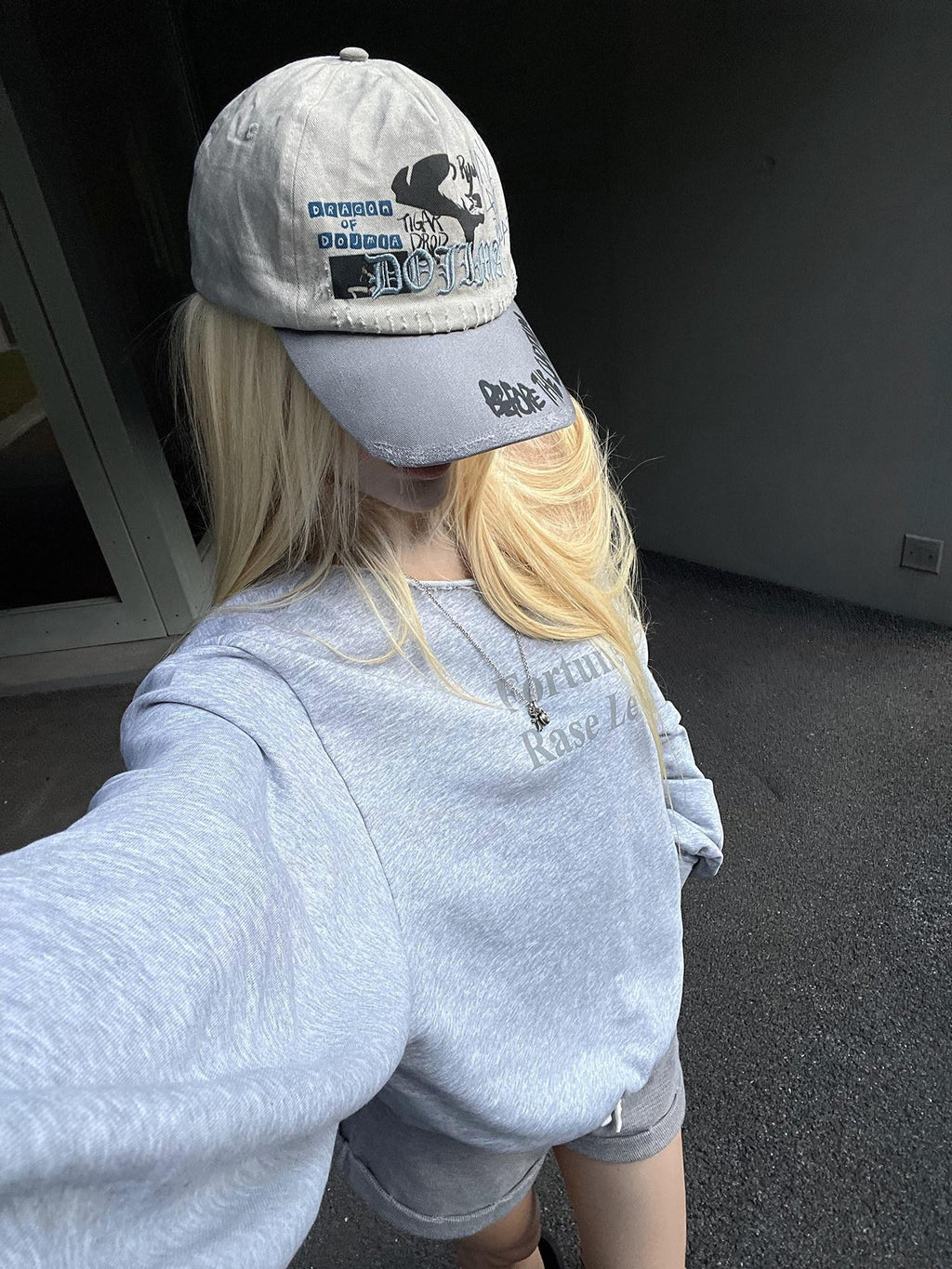 Rase le sol Heather Gray Asymmetric Shoulder Print Women's American Oversized Hoodies