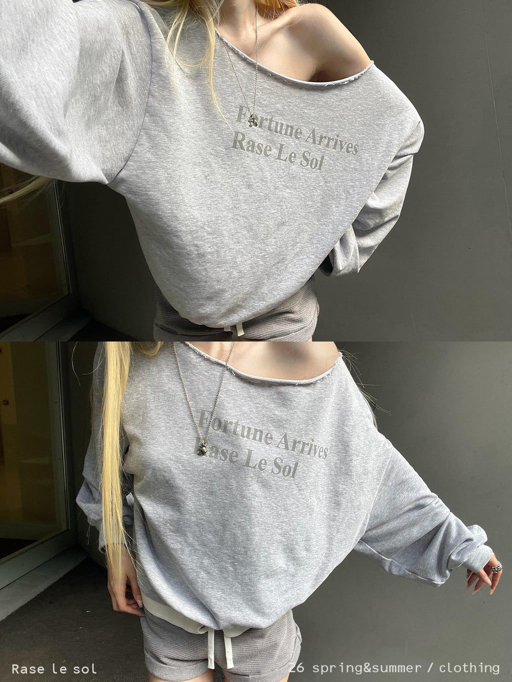 Rase le sol Heather Gray Asymmetric Shoulder Print Women's American Oversized Hoodies