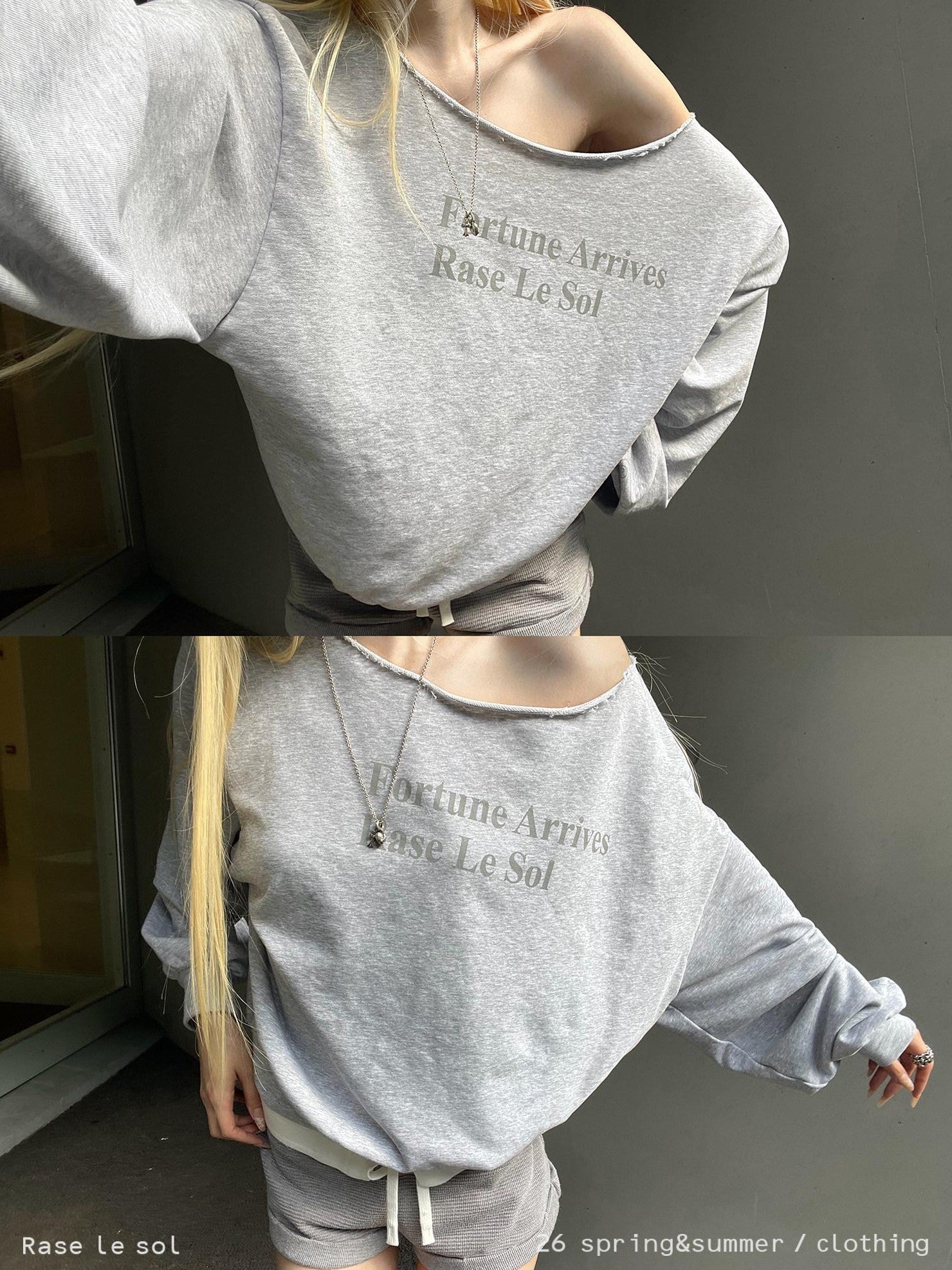 Rase le sol Heather Gray Asymmetric Shoulder Print Women's American Oversized Hoodies
