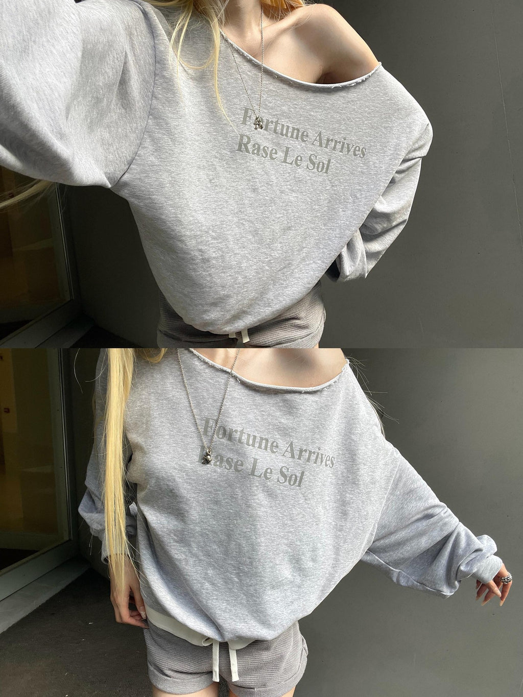 Rase le sol Heather Gray Asymmetric Shoulder Print Women's American Oversized Hoodies