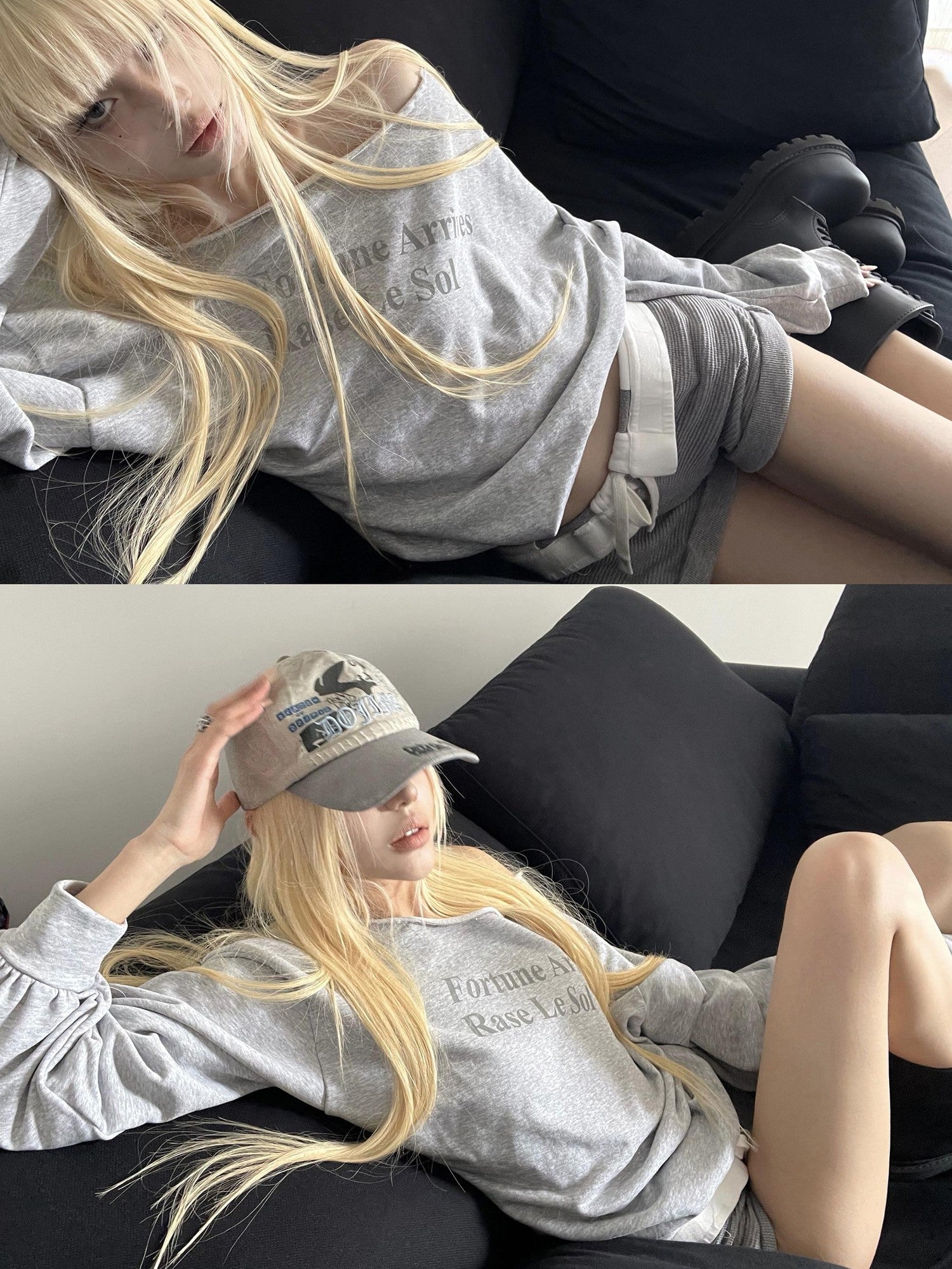 Rase le sol Heather Gray Asymmetric Shoulder Print Women's American Oversized Hoodies