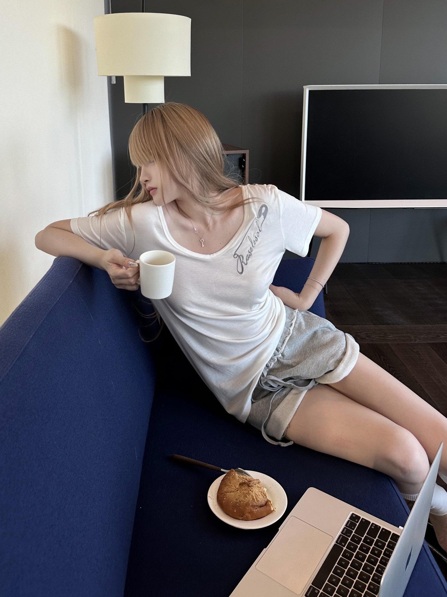 Rase le sol Heather Grey Embroidered Rolled Cuff Hem Women's Sweat Shorts