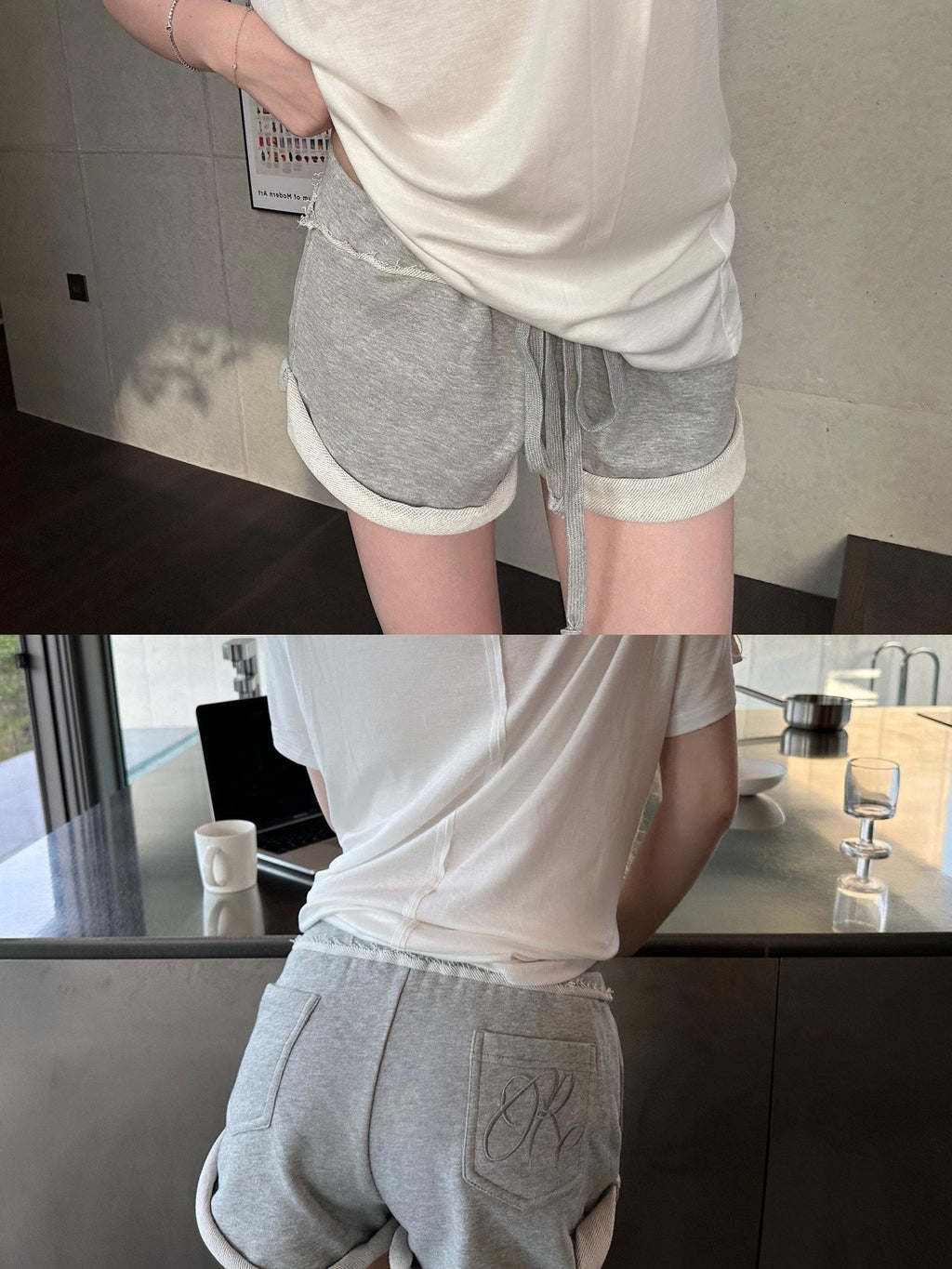 Rase le sol Heather Grey Embroidered Rolled Cuff Hem Women's Sweat Shorts