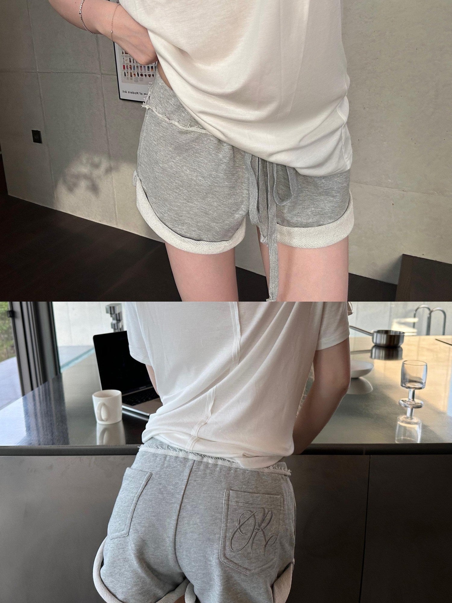 Rase le sol Heather Grey Embroidered Rolled Cuff Hem Women's Sweat Shorts