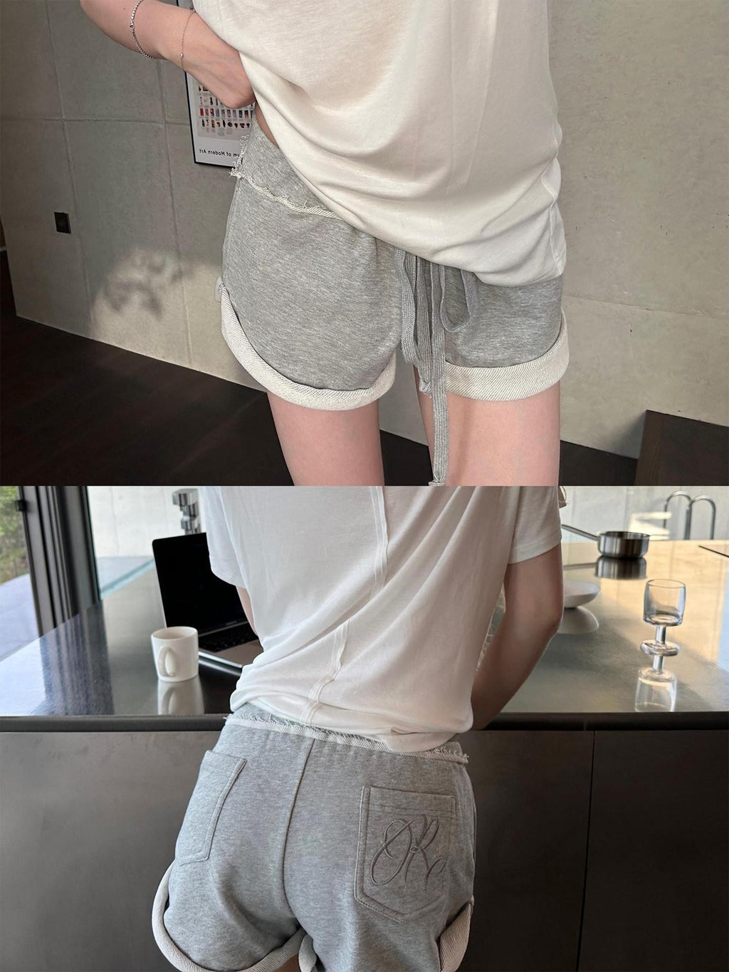 Rase le sol Heather Grey Embroidered Rolled Cuff Hem Women's Sweat Shorts