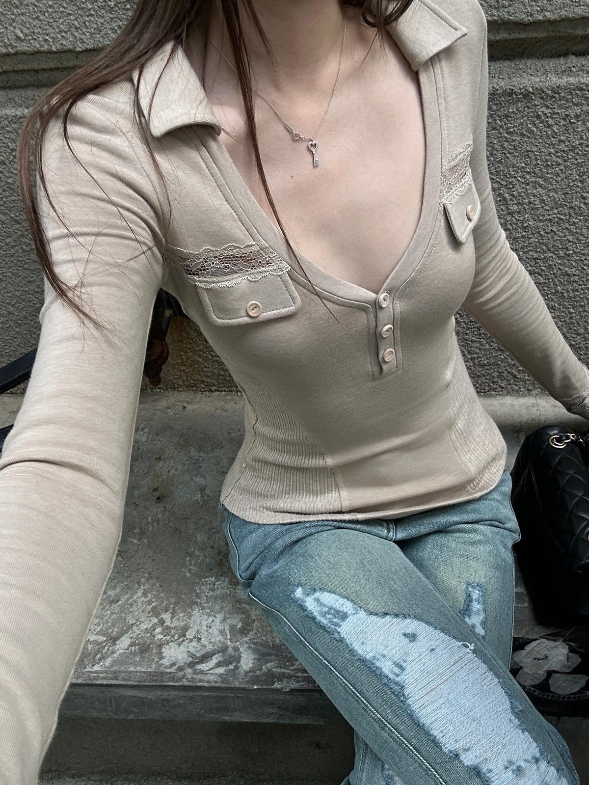 Rase le sol Henley Neck Lace Panel Slim Fit Women's Viscose Long Sleeve T-shirts