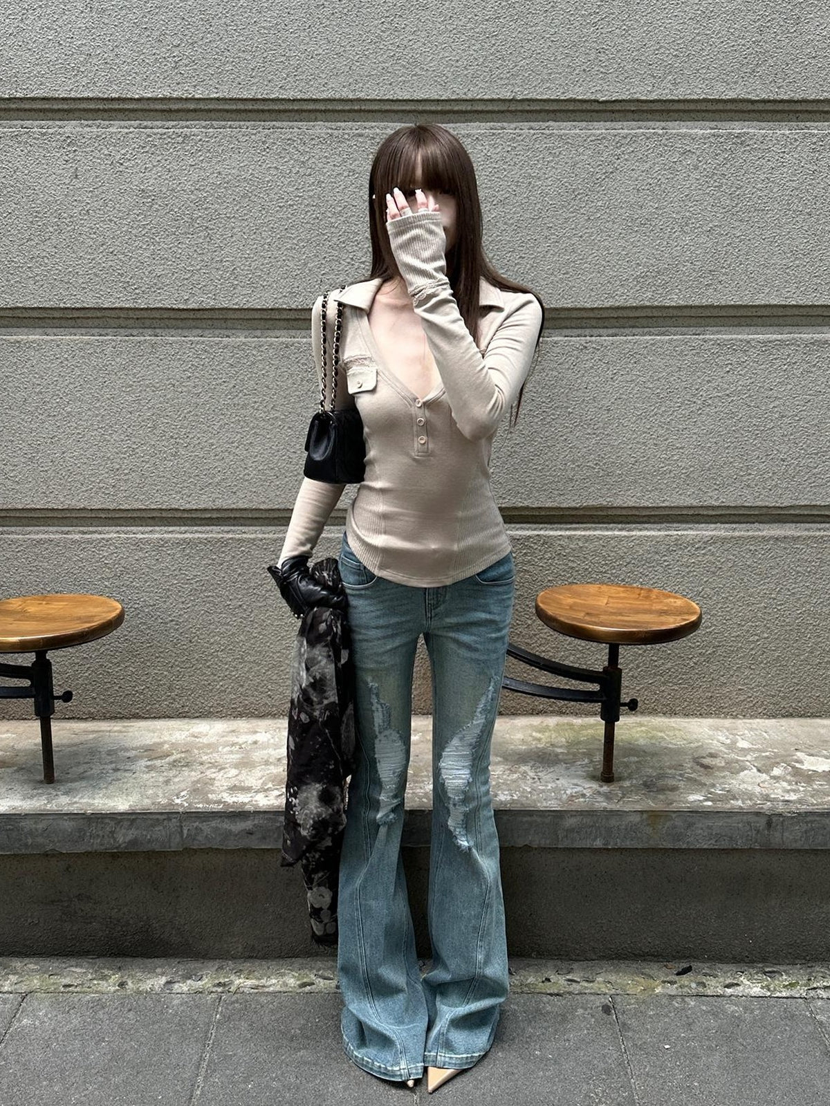 Rase le sol Henley Neck Lace Panel Slim Fit Women's Viscose Long Sleeve T-shirts
